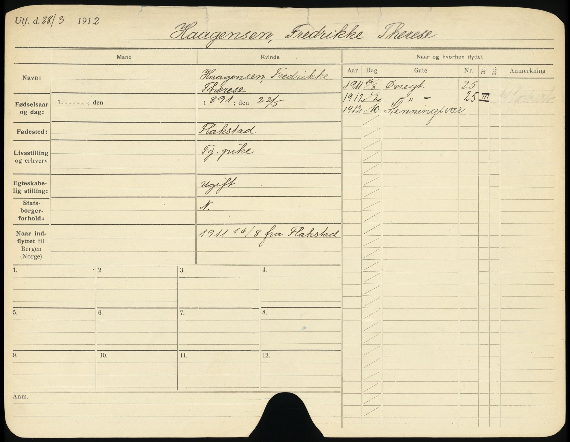 Bergen folkeregister, AV/SAB-A-17201/I/Ia/L0010: Utflyttet 1912 - 1920, Haagensen -  Hansen, K., 1912-1920