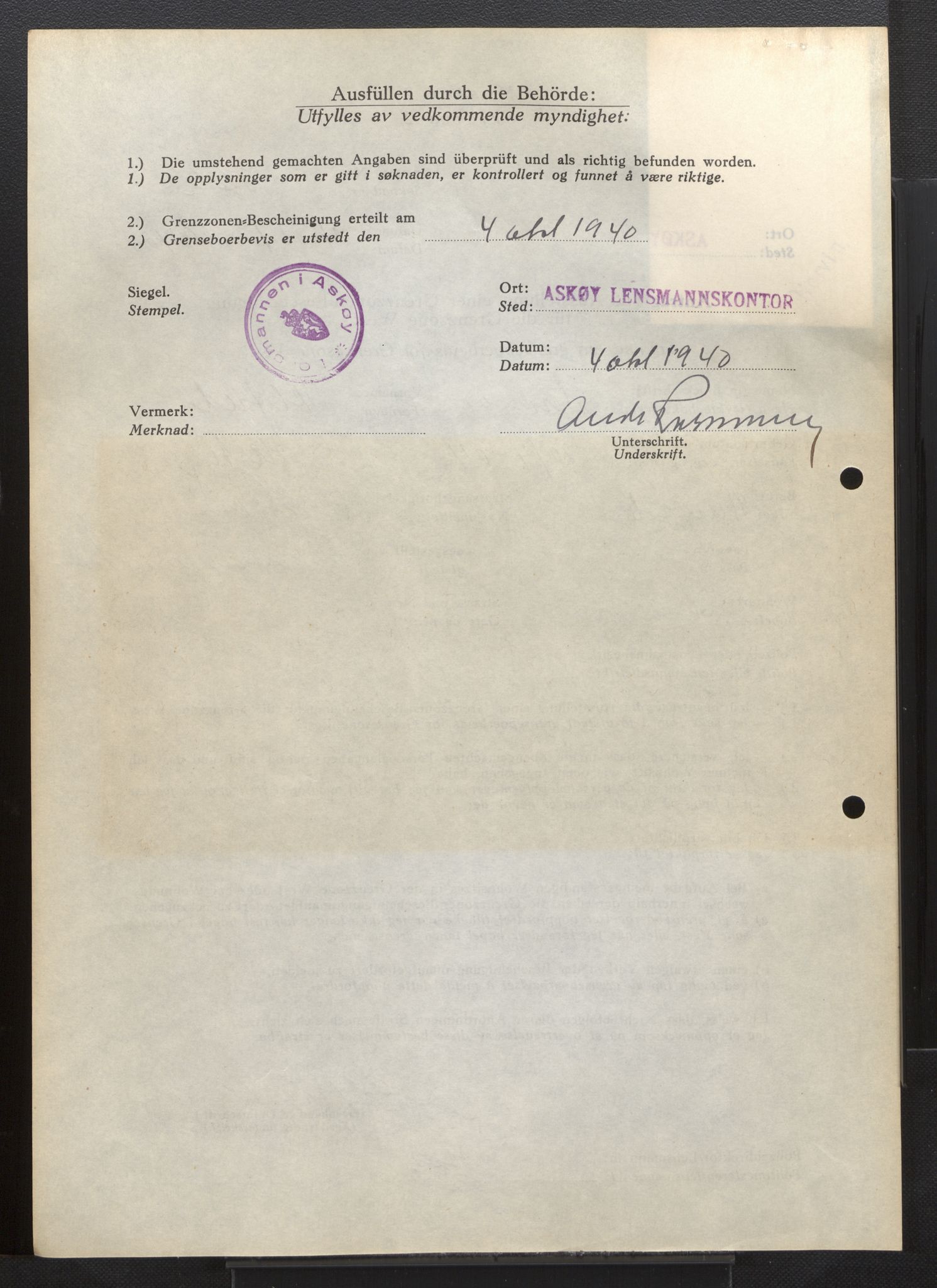 Lensmannen i Askøy, AV/SAB-A-31001/0026/L0005: Søknader om grensebuarbevis 851 - 1275, 1940, s. 24