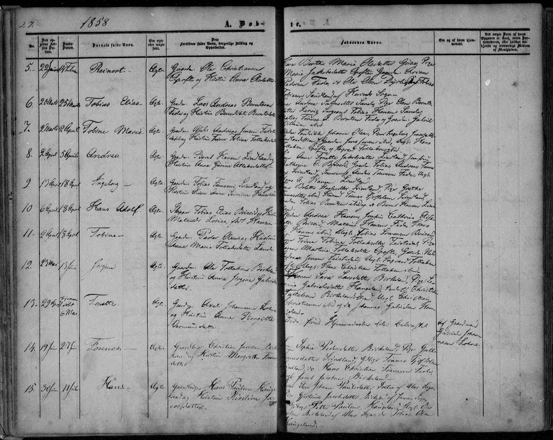 Kvinesdal sokneprestkontor, SAK/1111-0026/F/Fa/Faa/L0002: Ministerialbok nr. A 2, 1850-1876, s. 27