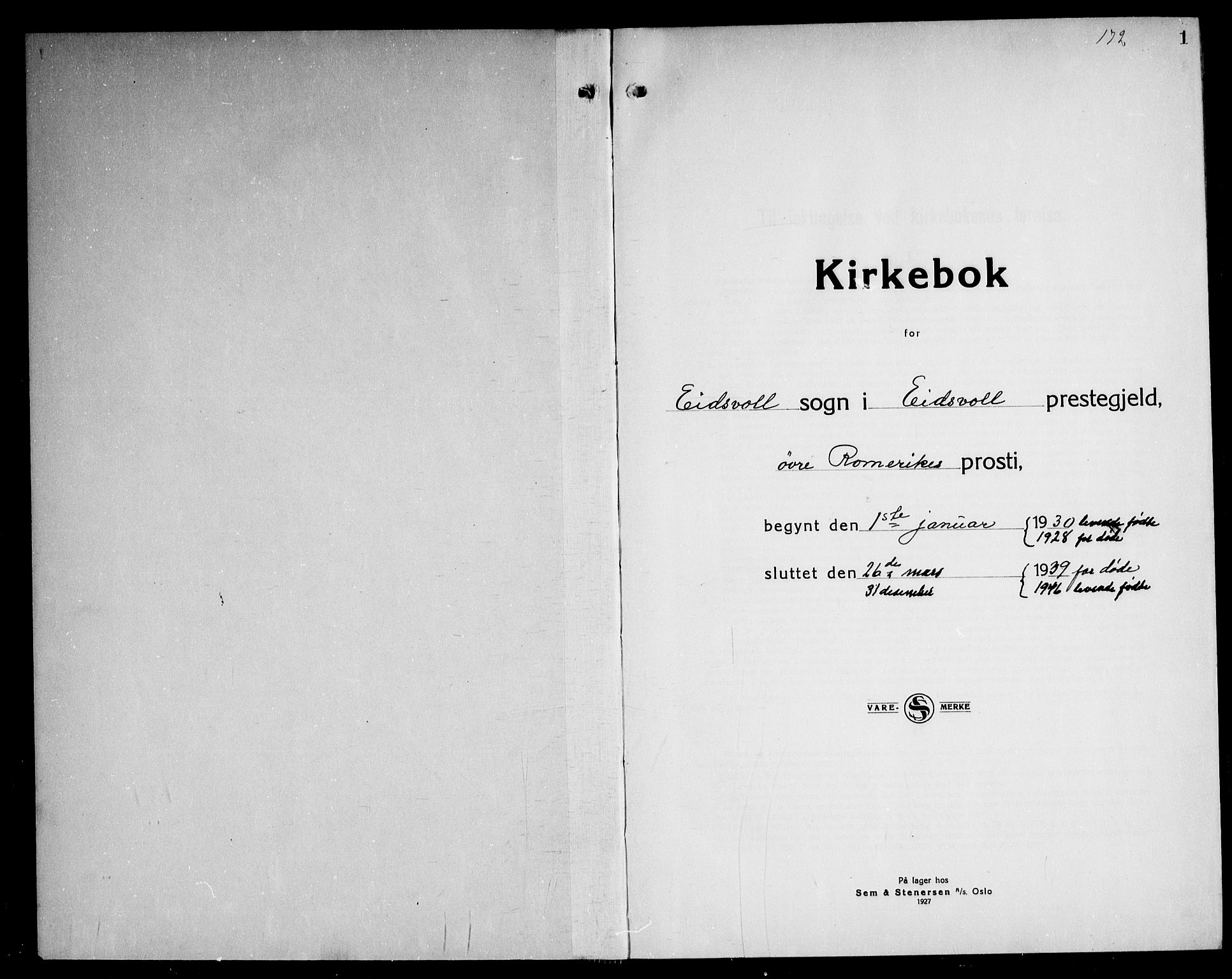 Eidsvoll prestekontor Kirkebøker, AV/SAO-A-10888/G/Ga/L0012: Klokkerbok nr. I 12, 1928-1946, s. 1