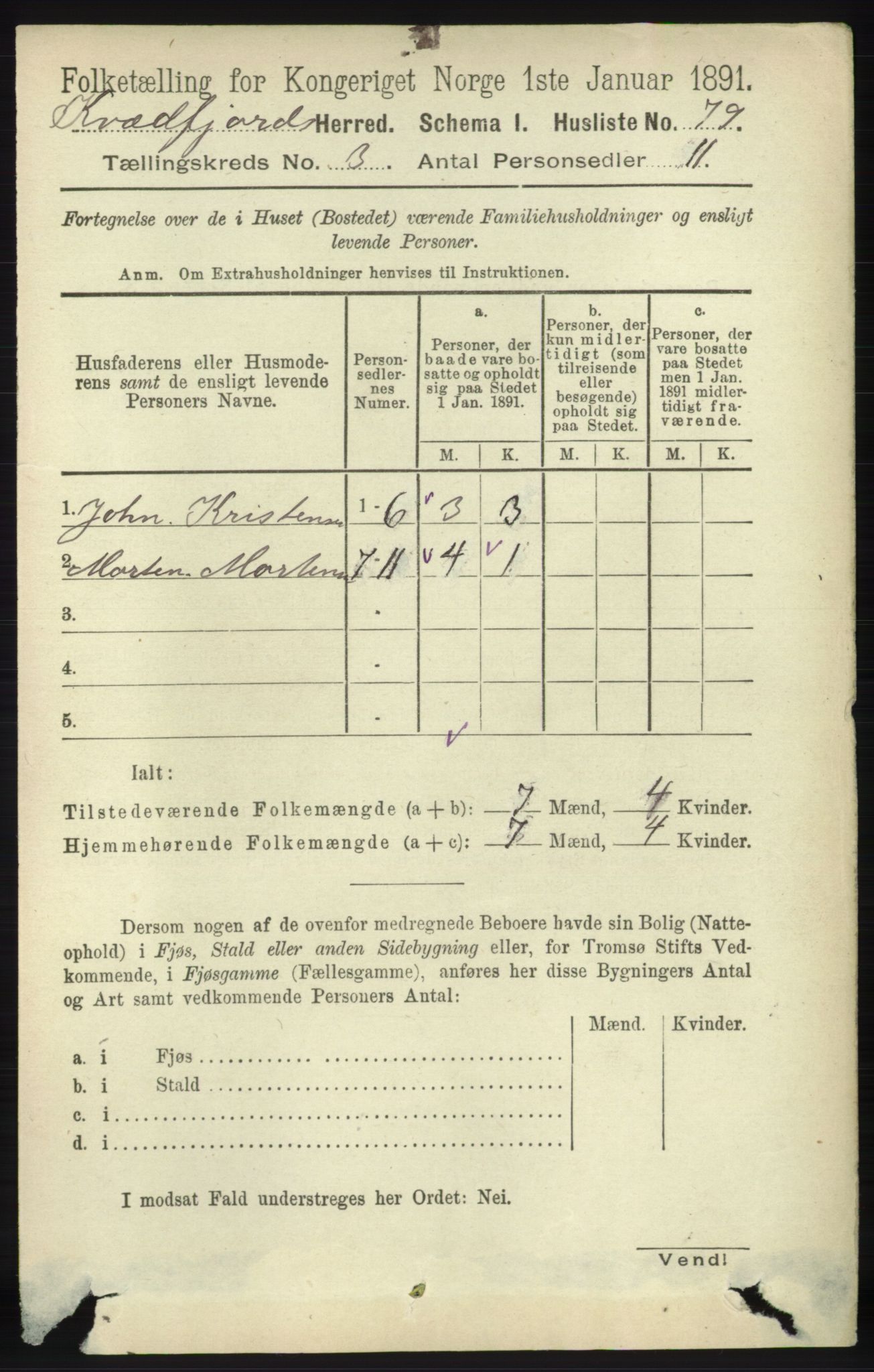 RA, Folketelling 1891 for 1911 Kvæfjord herred, 1891, s. 1299