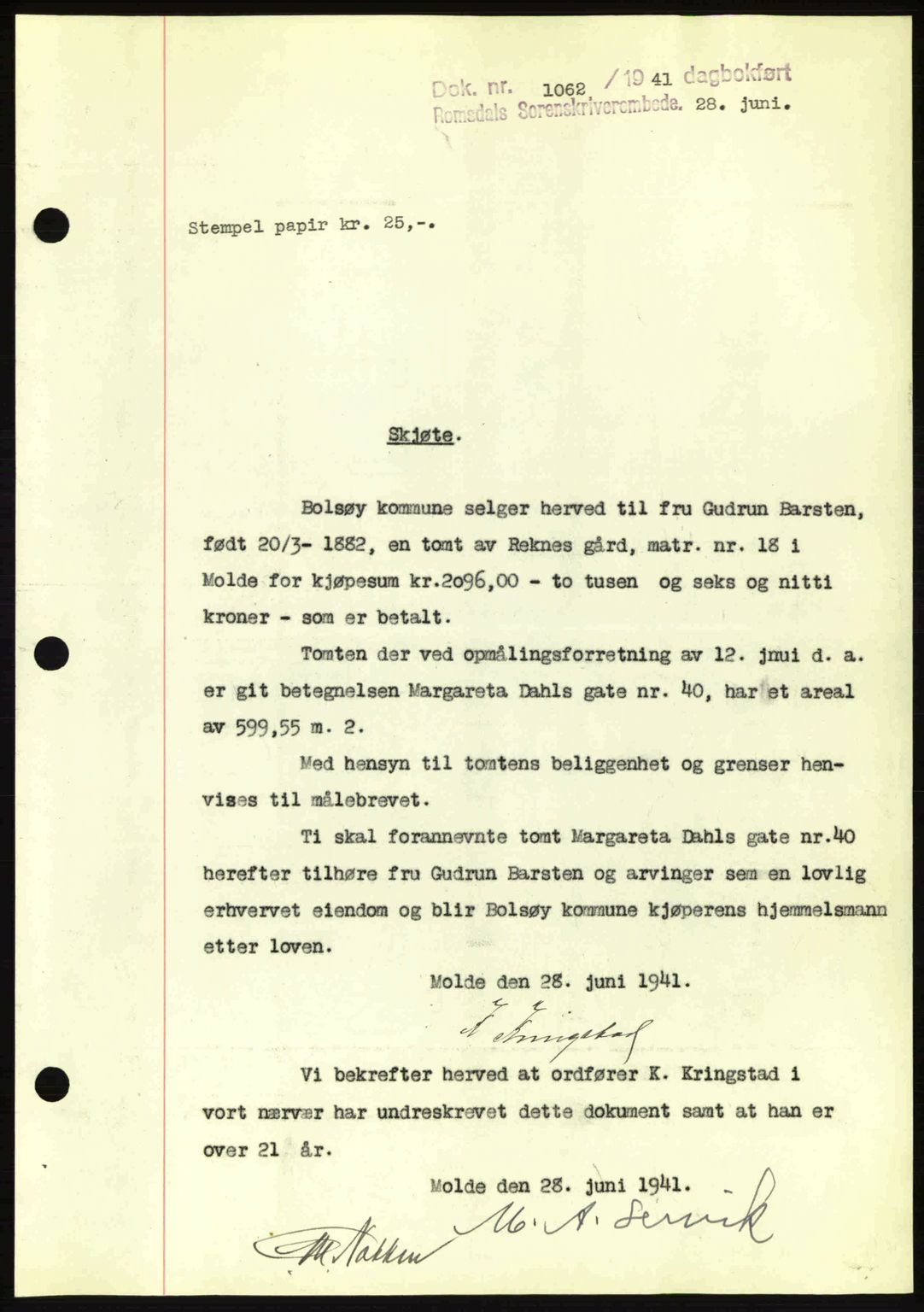 Romsdal sorenskriveri, AV/SAT-A-4149/1/2/2C: Pantebok nr. A10, 1941-1941, Dagboknr: 1062/1941