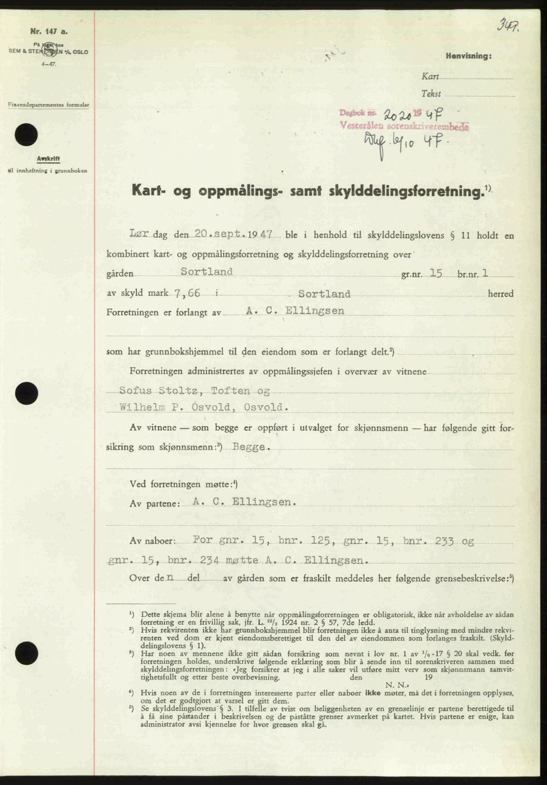 Vesterålen sorenskriveri, SAT/A-4180/1/2/2Ca: Pantebok nr. A21, 1947-1947, Dagboknr: 2020/1947