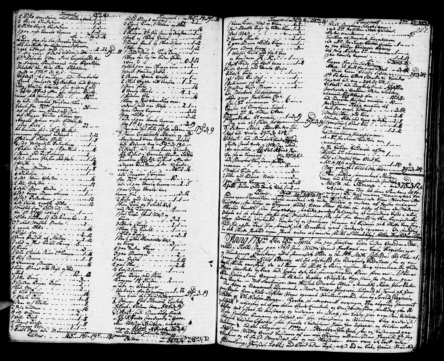 Nedenes sorenskriveri før 1824, SAK/1221-0007/H/Hc/L0038: Skifteprotokoll med register nr 25, 1779-1783, s. 221b-222a