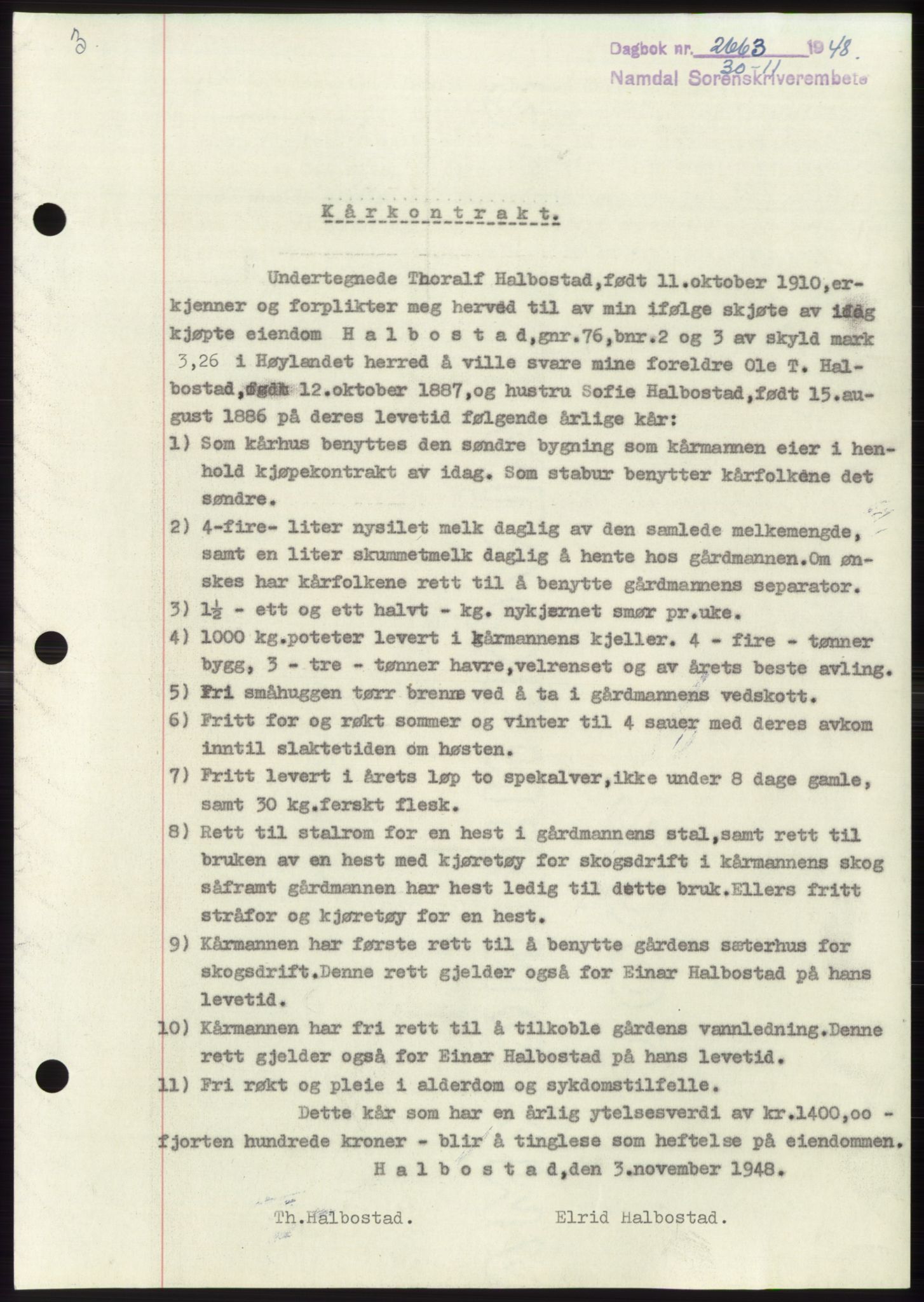 Namdal sorenskriveri, SAT/A-4133/1/2/2C: Pantebok nr. -, 1948-1948, Dagboknr: 2663/1948