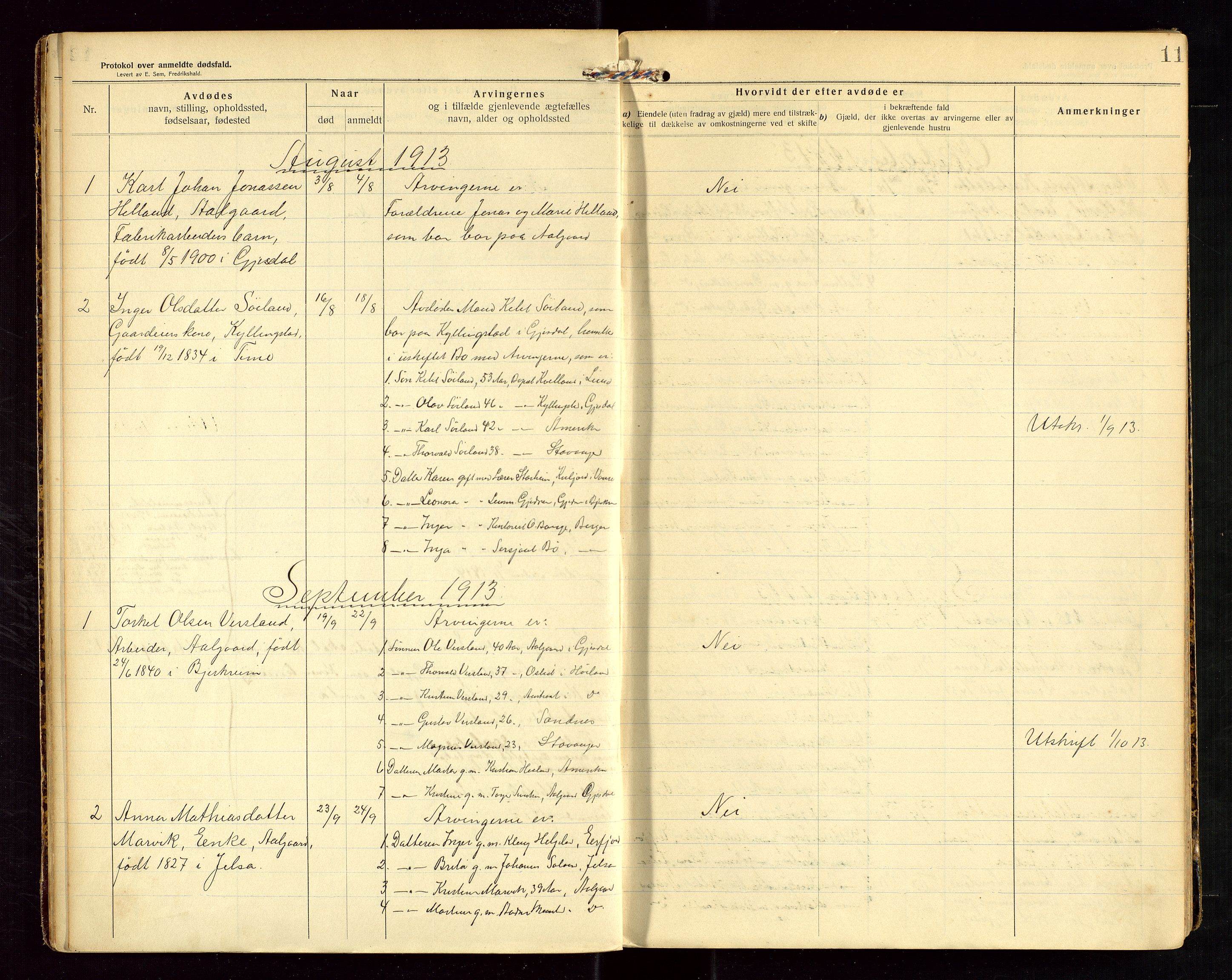 Gjesdal lensmannskontor, SAST/A-100441/Gga/L0002: Dødsfallprotokoll, 1911-1933, s. 11