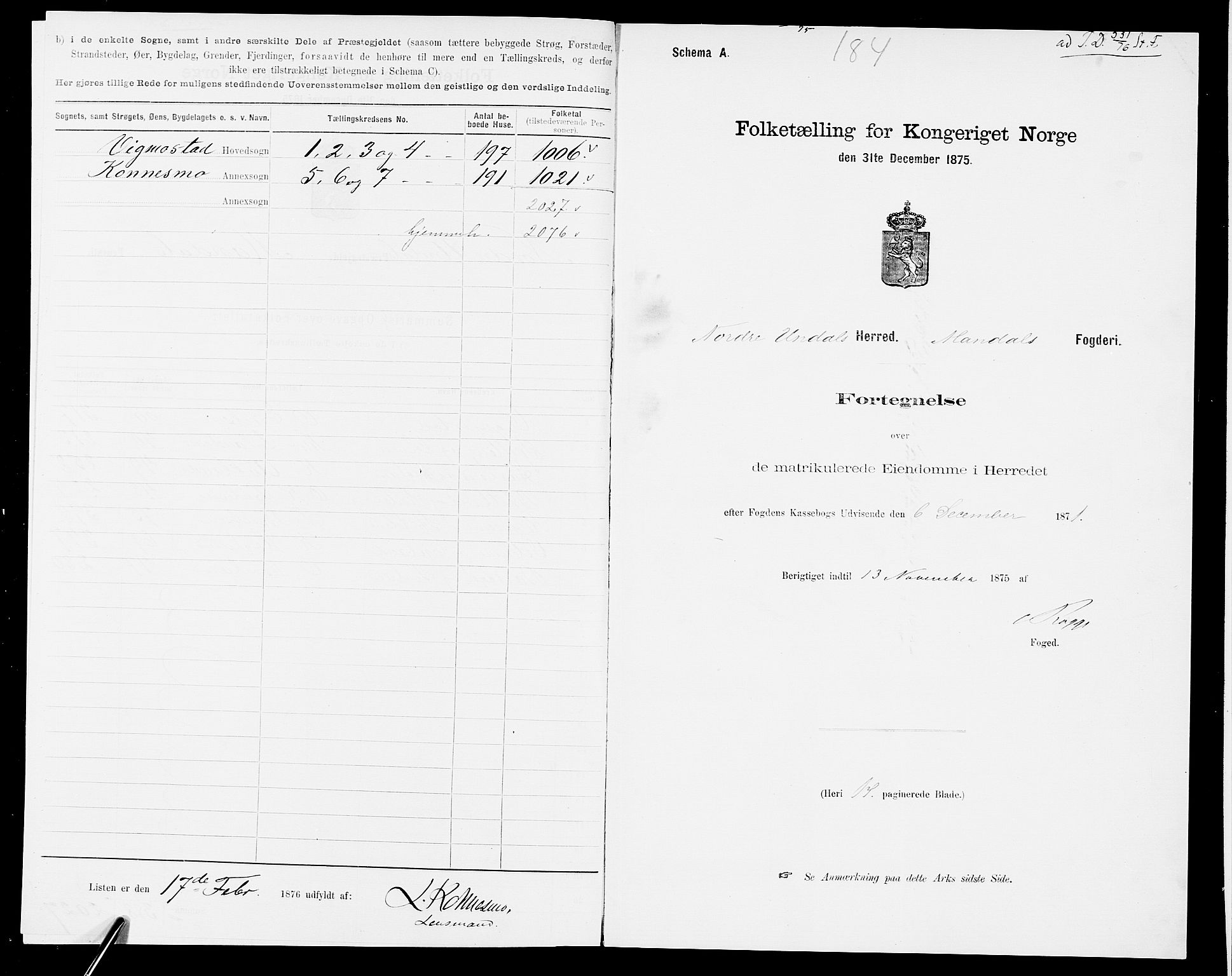 SAK, Folketelling 1875 for 1028P Nord-Audnedal prestegjeld, 1875, s. 3