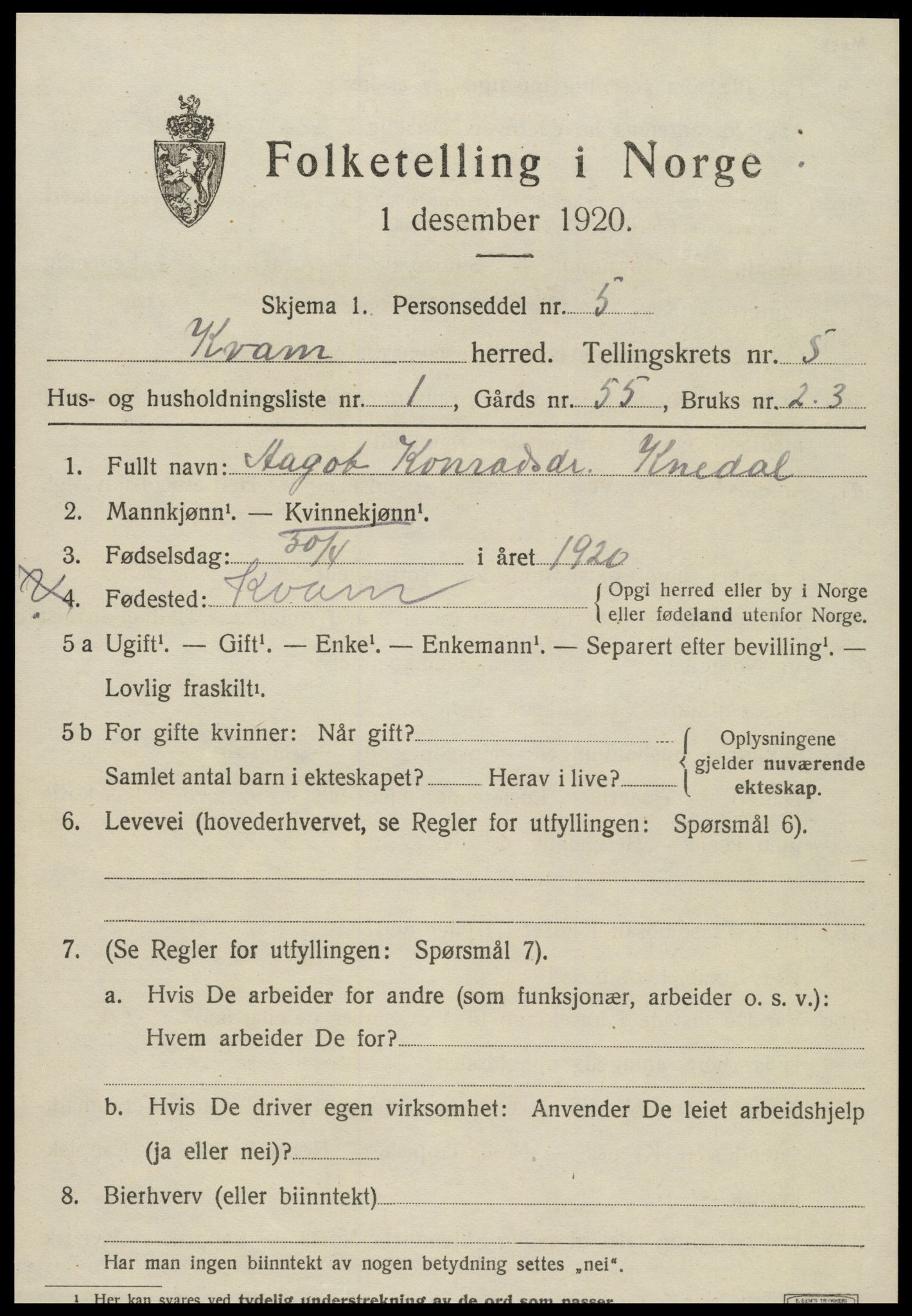 SAT, Folketelling 1920 for 1735 Kvam herred, 1920, s. 1403