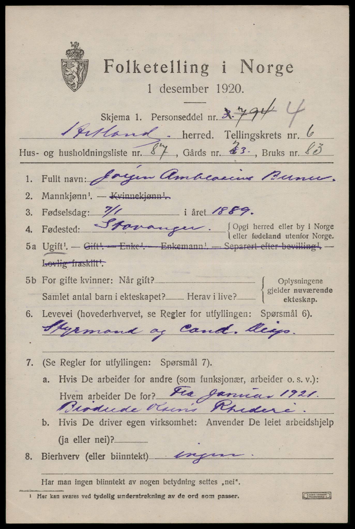 SAST, Folketelling 1920 for 1126 Hetland herred, 1920, s. 11023