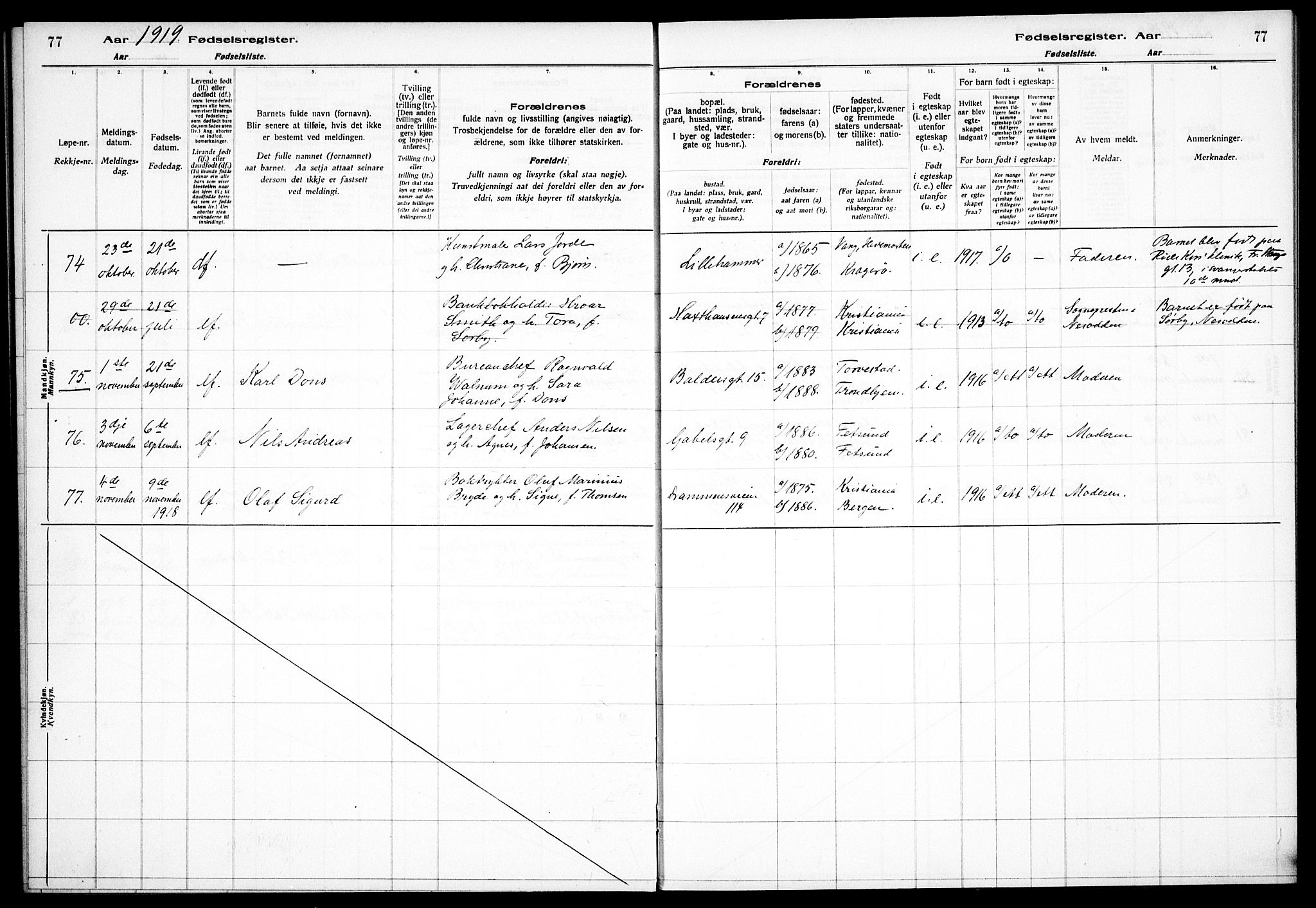 Frogner prestekontor Kirkebøker, SAO/A-10886/J/Ja/L0001: Fødselsregister nr. 1, 1916-1927, s. 77