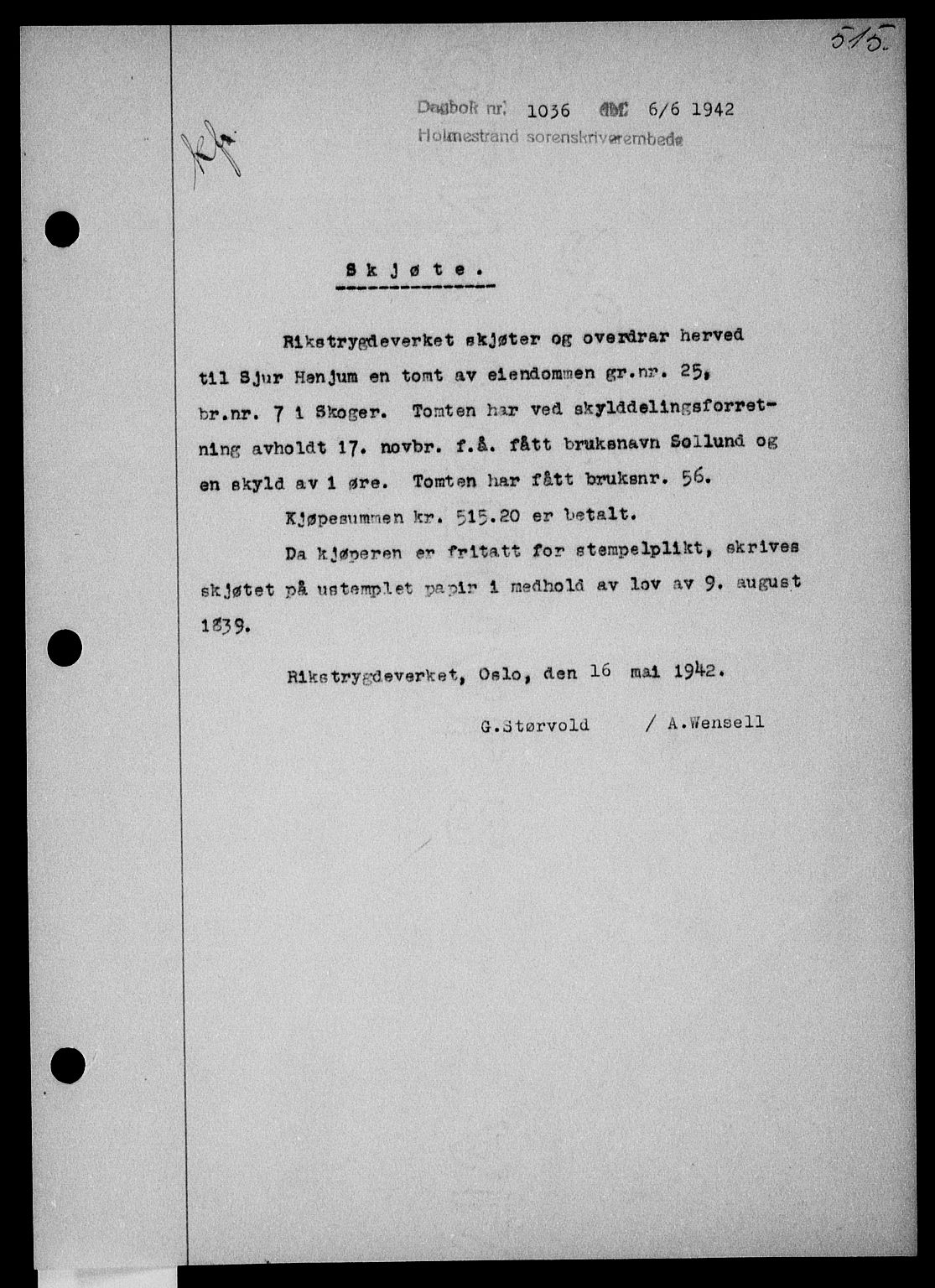 Holmestrand sorenskriveri, SAKO/A-67/G/Ga/Gaa/L0055: Pantebok nr. A-55, 1942-1942, Dagboknr: 1036/1942