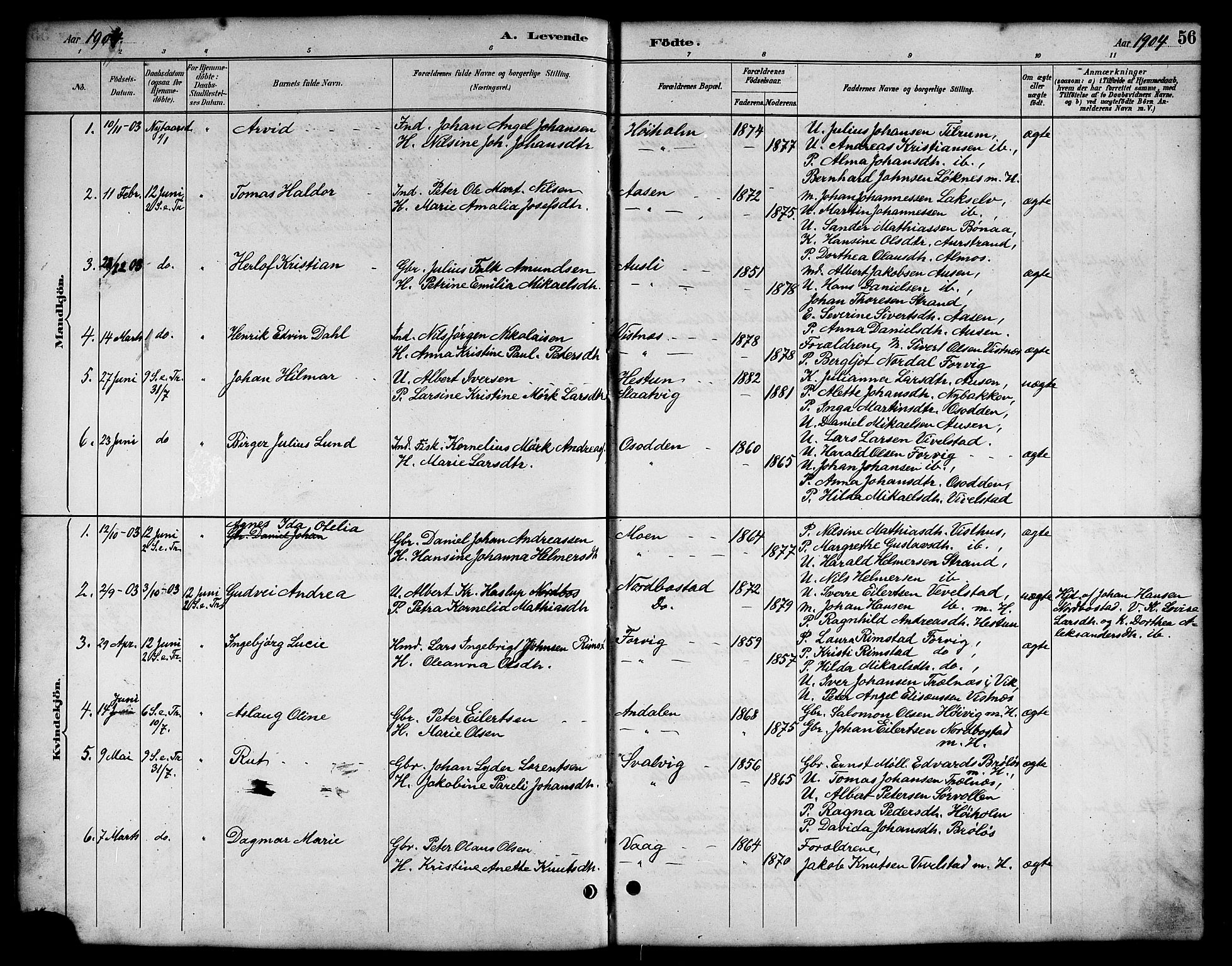 Ministerialprotokoller, klokkerbøker og fødselsregistre - Nordland, SAT/A-1459/819/L0277: Klokkerbok nr. 819C03, 1888-1917, s. 56