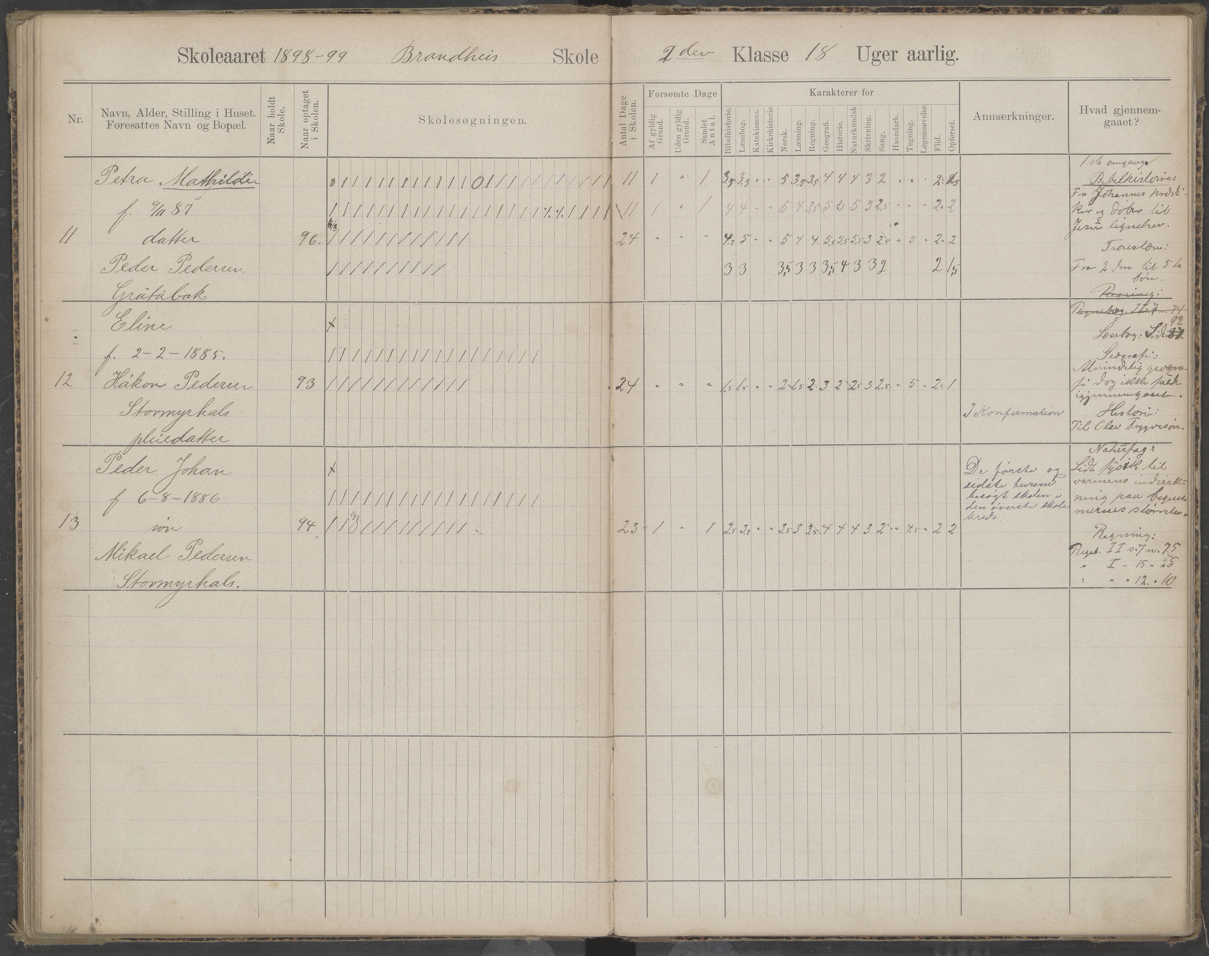 Beiarn kommune. Brandhei skolekrets, AIN/K-18390.510.03/442/L0003: Karakter/oversiktsprotokoll, 1893-1910