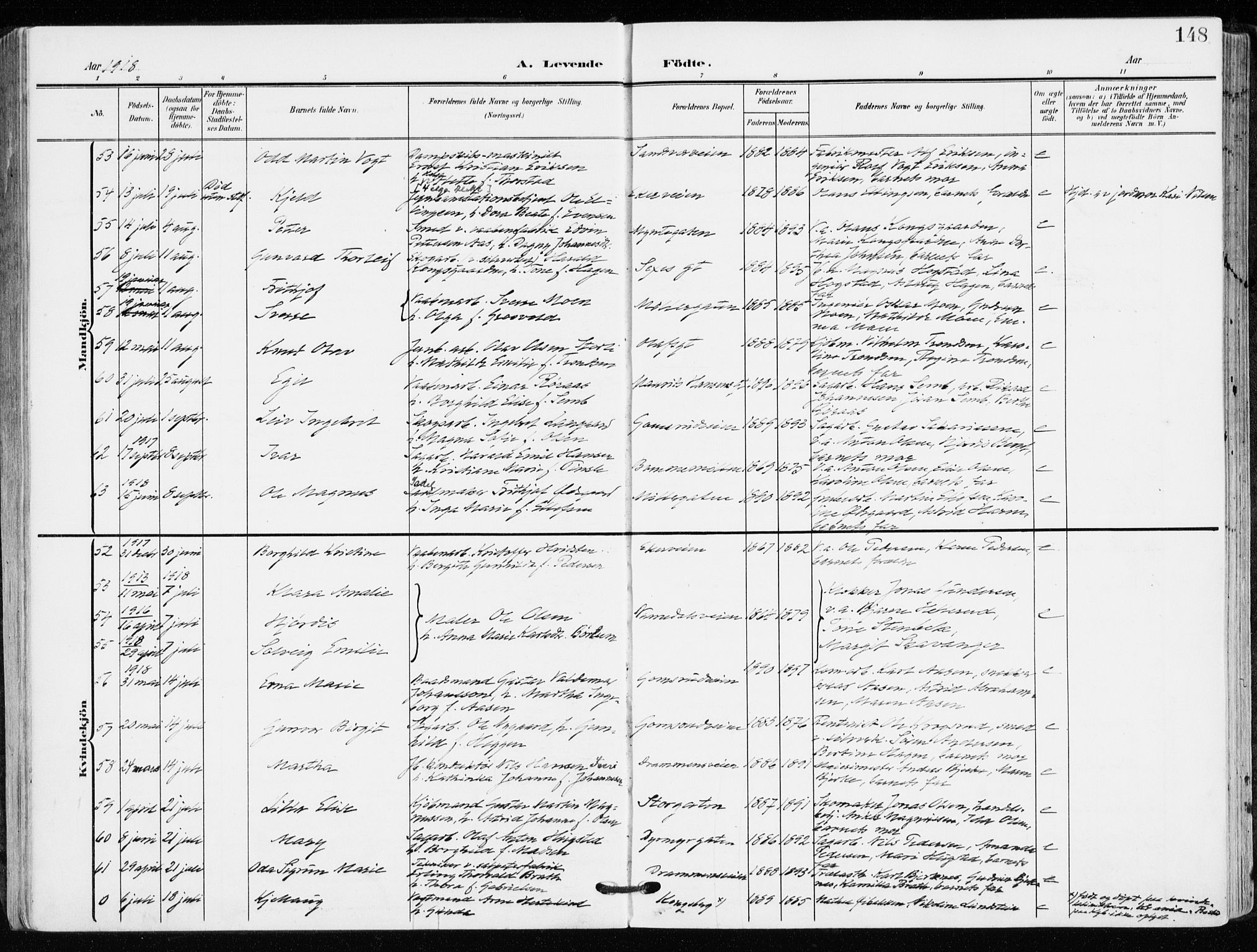 Kongsberg kirkebøker, AV/SAKO-A-22/F/Fb/L0004: Ministerialbok nr. II 4, 1906-1918, s. 148