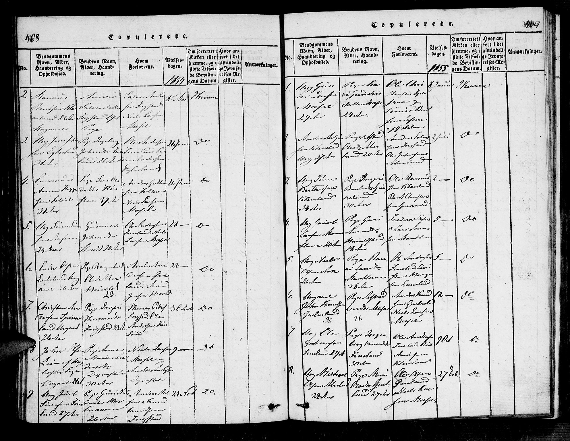 Bjelland sokneprestkontor, SAK/1111-0005/F/Fa/Fab/L0002: Ministerialbok nr. A 2, 1816-1869, s. 408-409