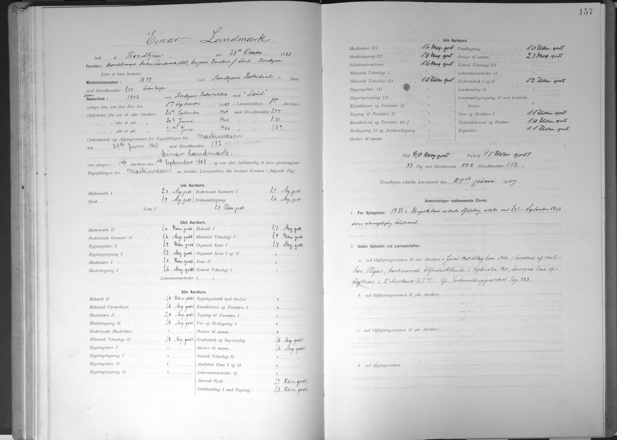 Trondhjems tekniske læreanstalt, SAT/A-1622/G/Ga/L0048: Karakterprotokoll, faste elever, 1900-1907