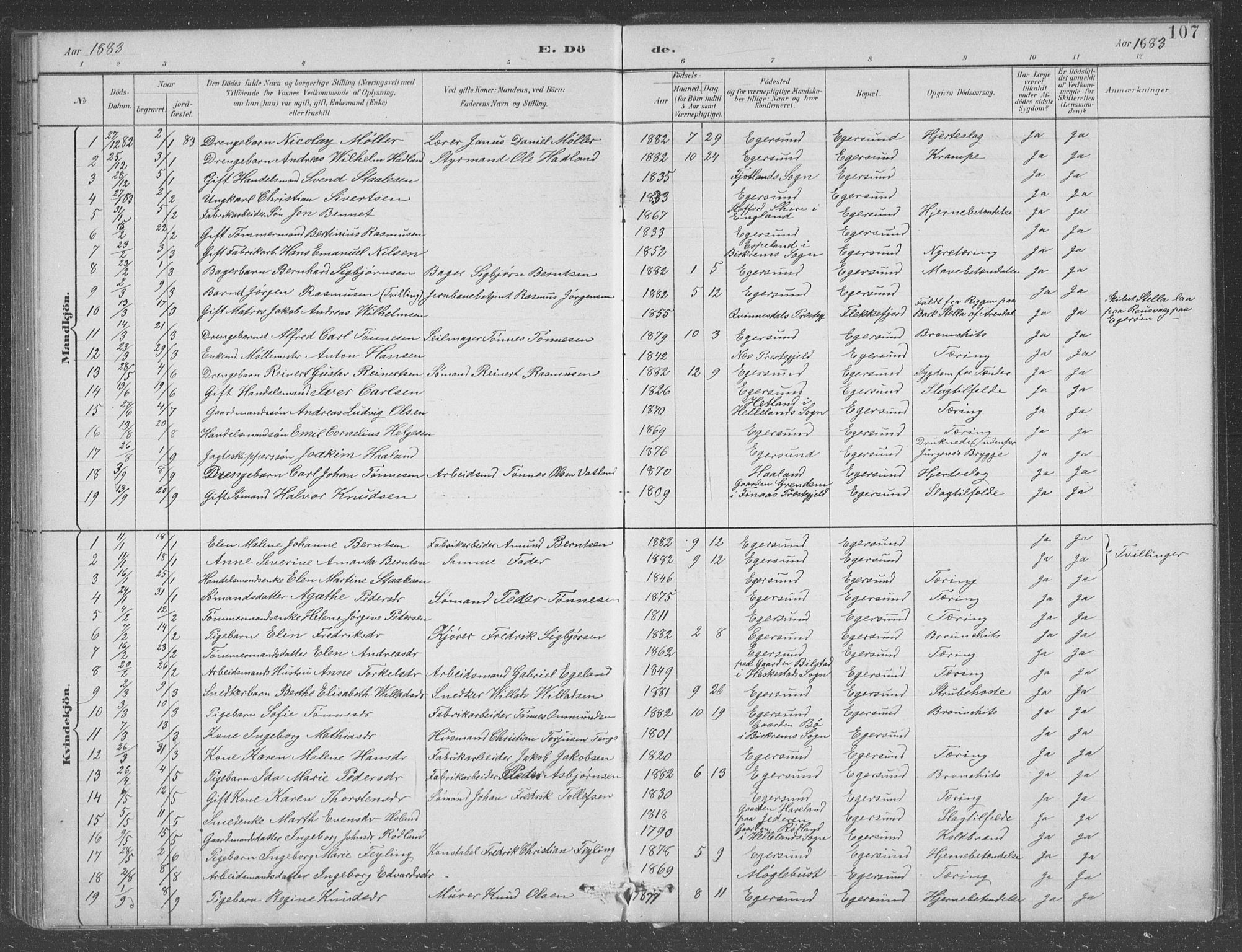 Eigersund sokneprestkontor, AV/SAST-A-101807/001/30/30BB/L0008: Klokkerbok nr. B 8, 1882-1892, s. 107