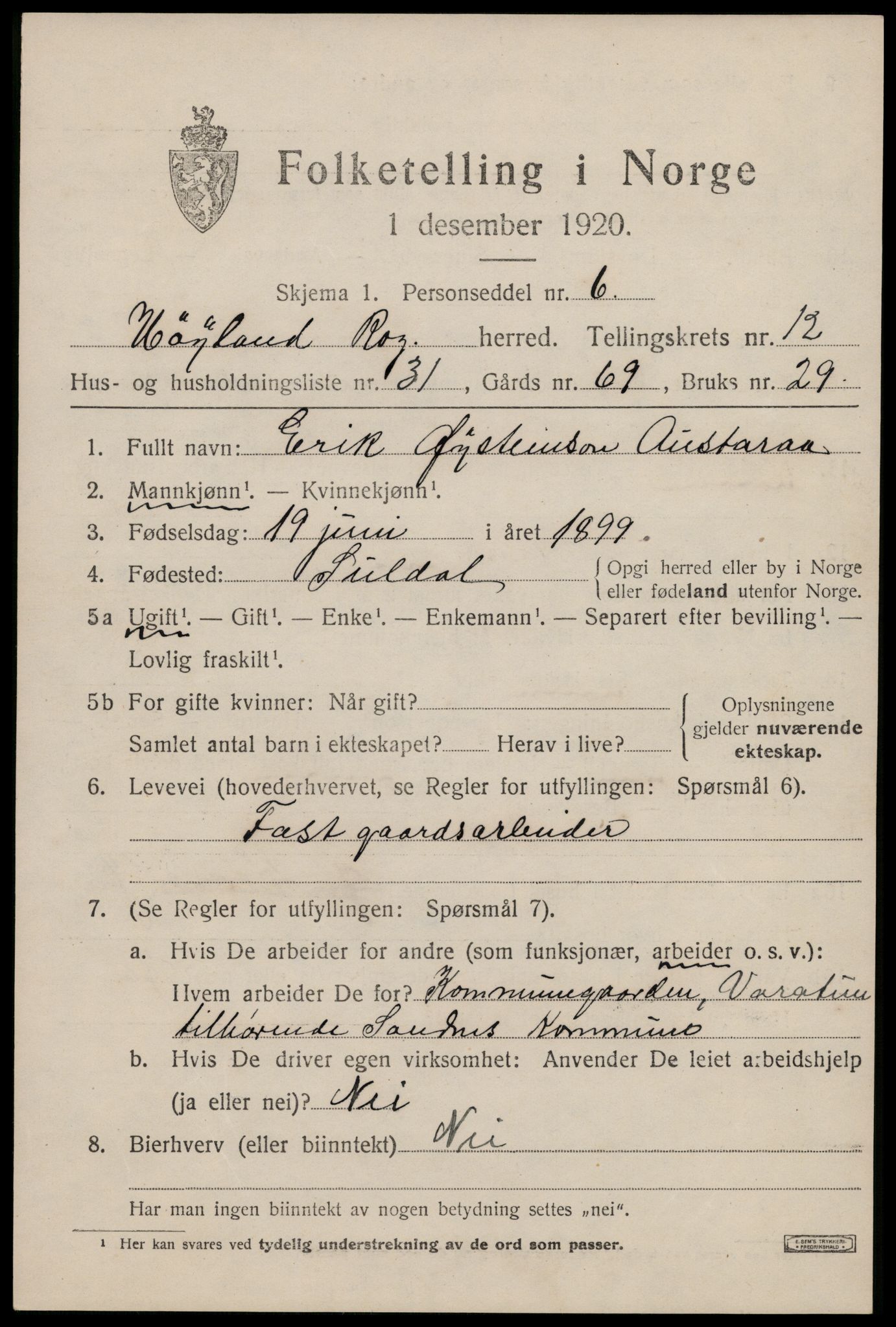SAST, Folketelling 1920 for 1123 Høyland herred, 1920, s. 9712