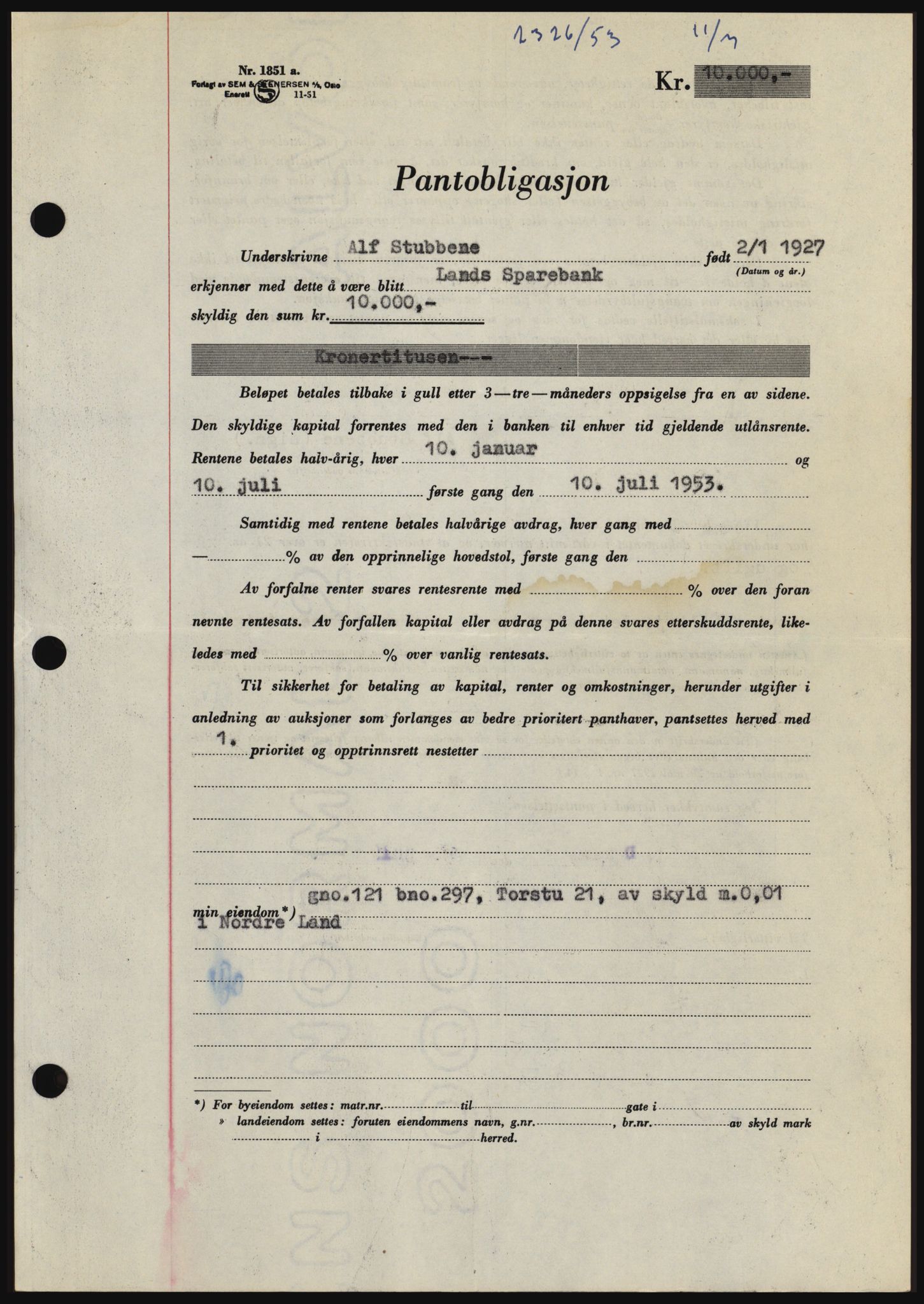 Hadeland og Land tingrett, SAH/TING-010/H/Hb/Hbc/L0027: Pantebok nr. B27, 1953-1953, Dagboknr: 2326/1953