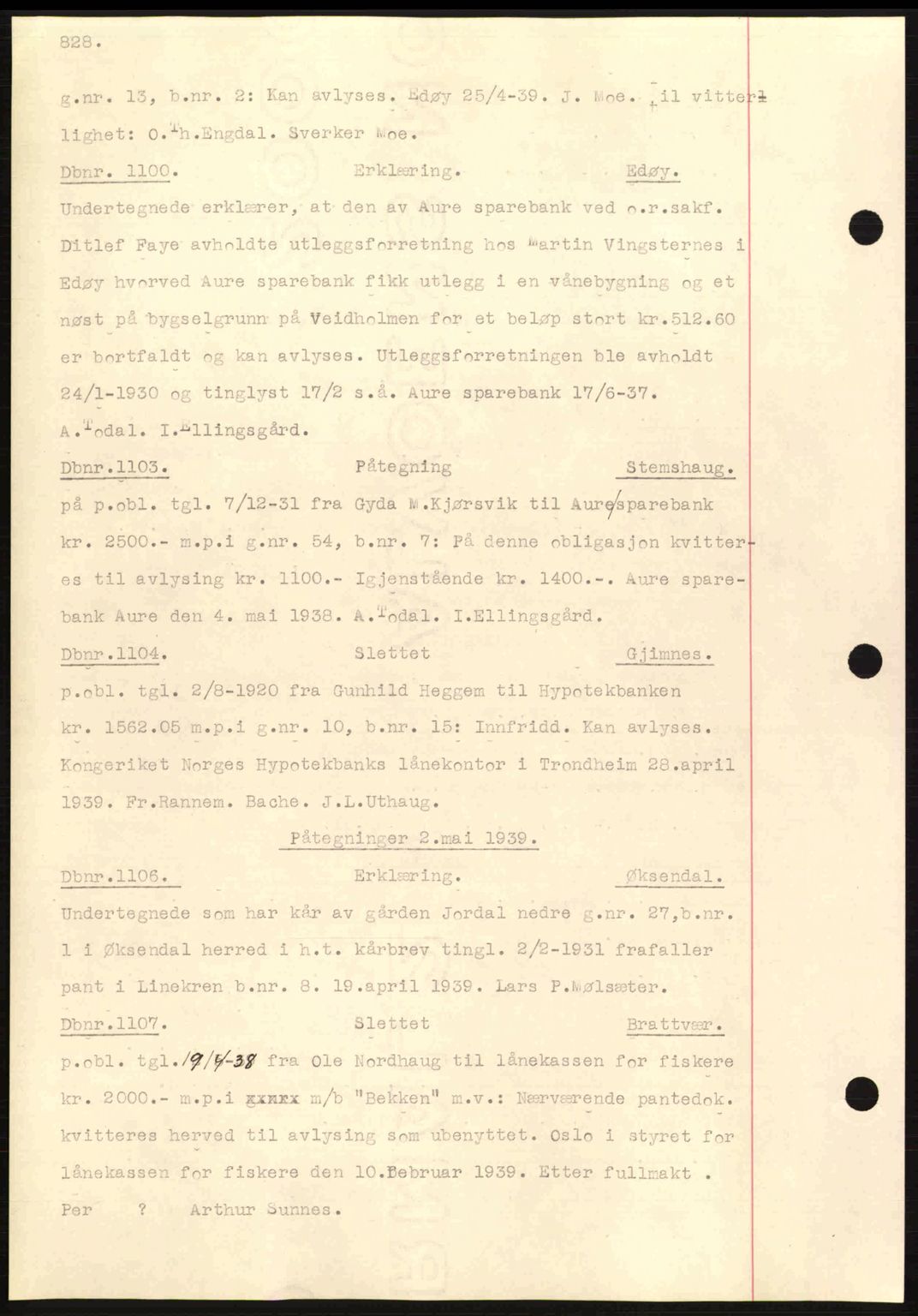 Nordmøre sorenskriveri, SAT/A-4132/1/2/2Ca: Pantebok nr. C80, 1936-1939, Dagboknr: 1100/1939