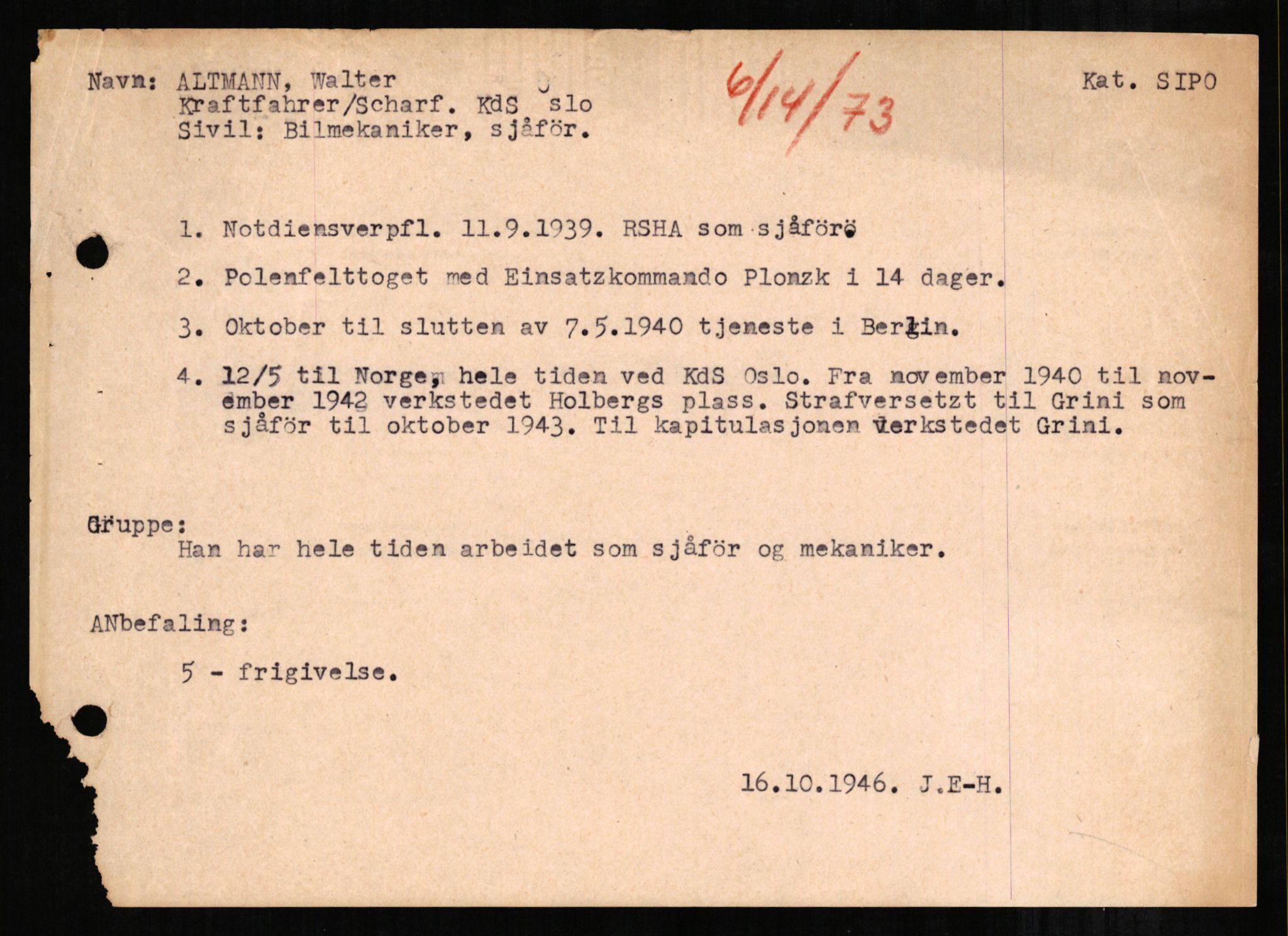 Forsvaret, Forsvarets overkommando II, AV/RA-RAFA-3915/D/Db/L0001: CI Questionaires. Tyske okkupasjonsstyrker i Norge. Tyskere., 1945-1946, s. 178