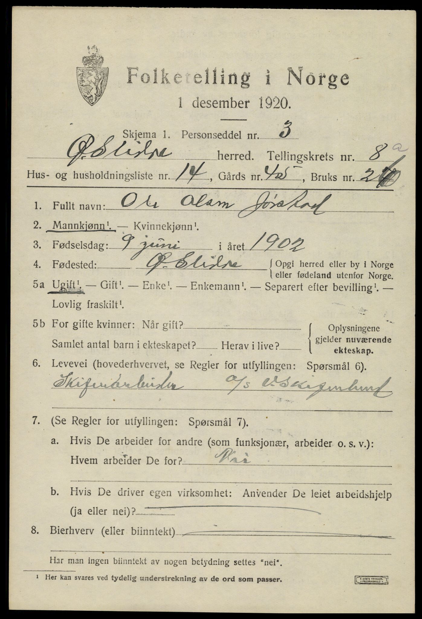 SAH, Folketelling 1920 for 0544 Øystre Slidre herred, 1920, s. 4909