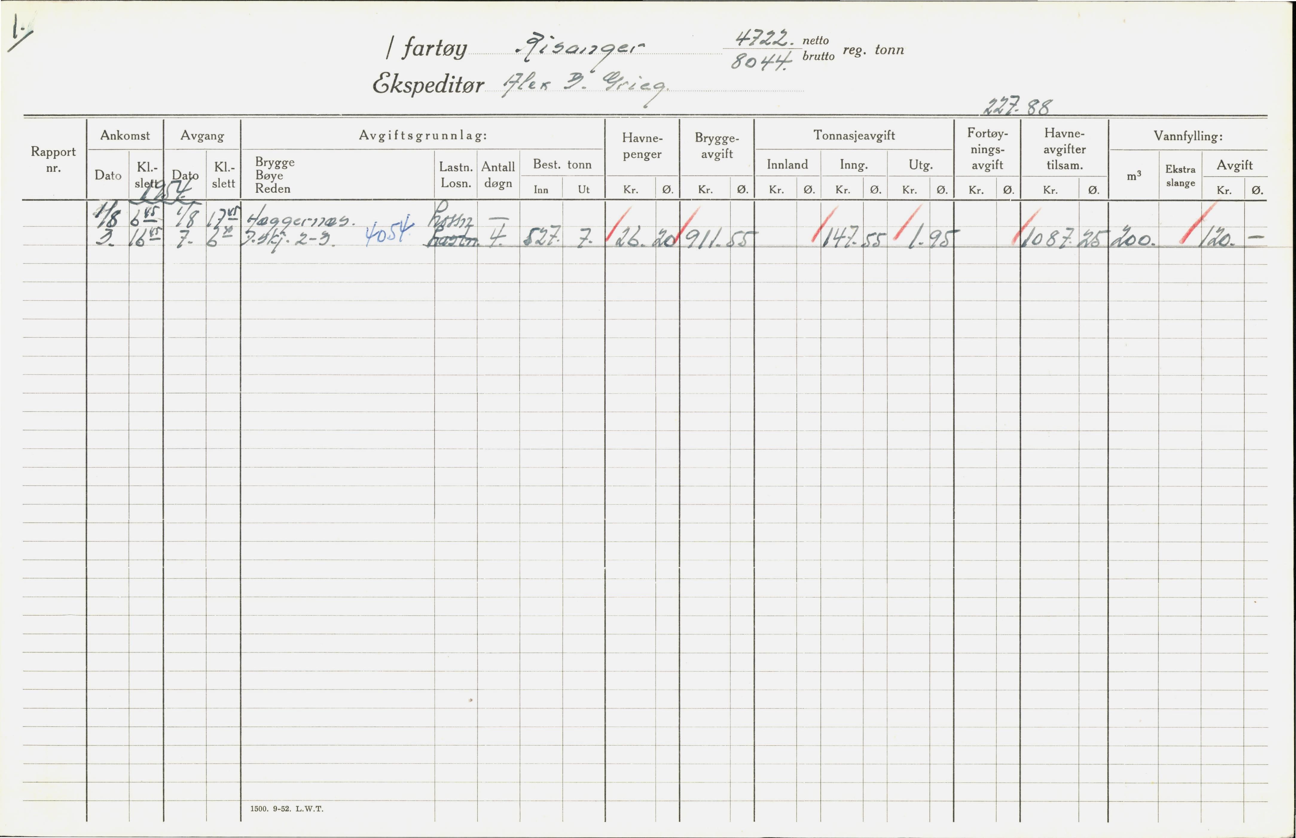 Bergen kommune. Havnekontor/havnefogd, BBA/A-0742/H/Ha/Hac/L0046: Skipsregister Risanger-Ryfylke, 1941-1975