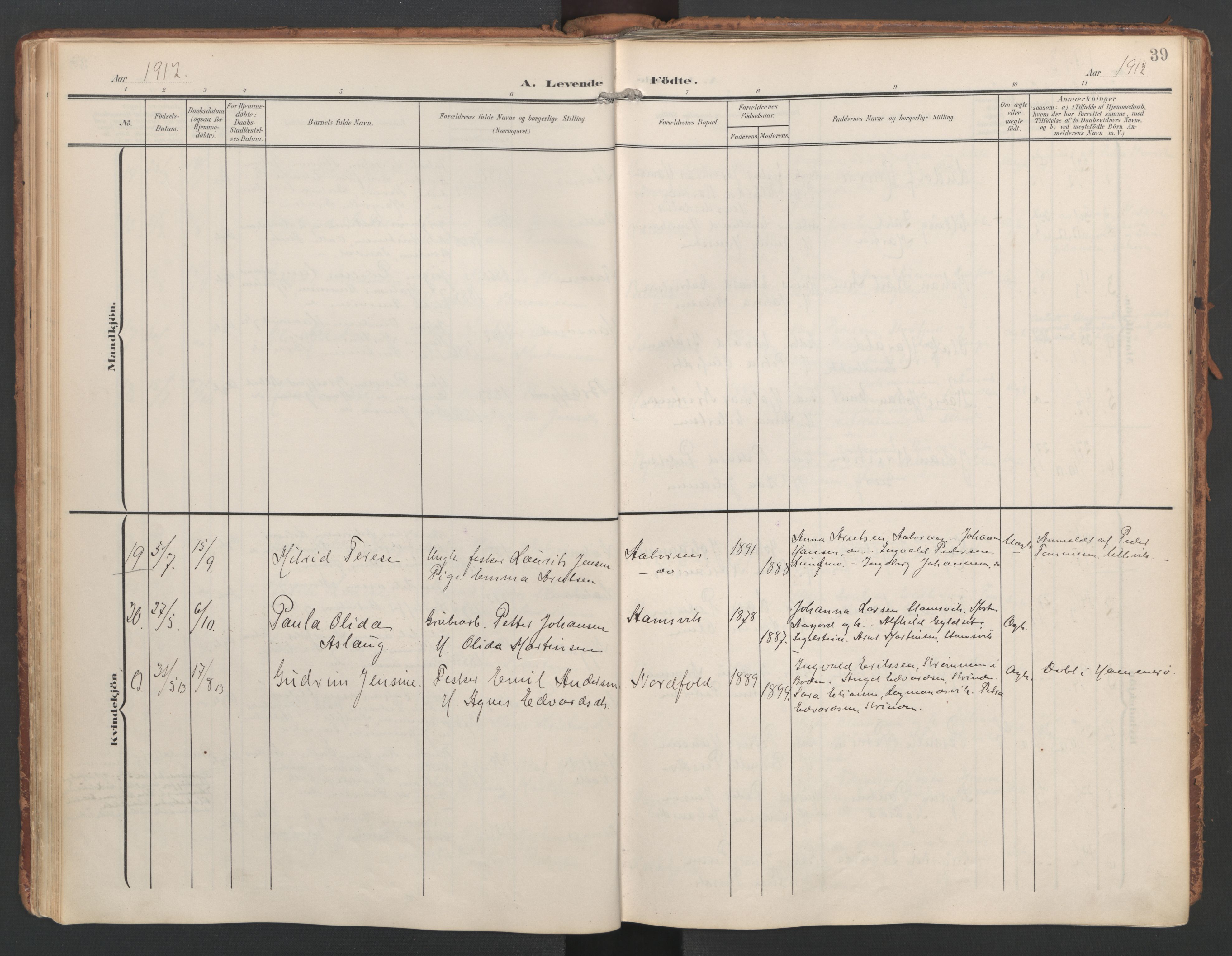 Ministerialprotokoller, klokkerbøker og fødselsregistre - Nordland, SAT/A-1459/858/L0832: Ministerialbok nr. 858A02, 1902-1915, s. 39