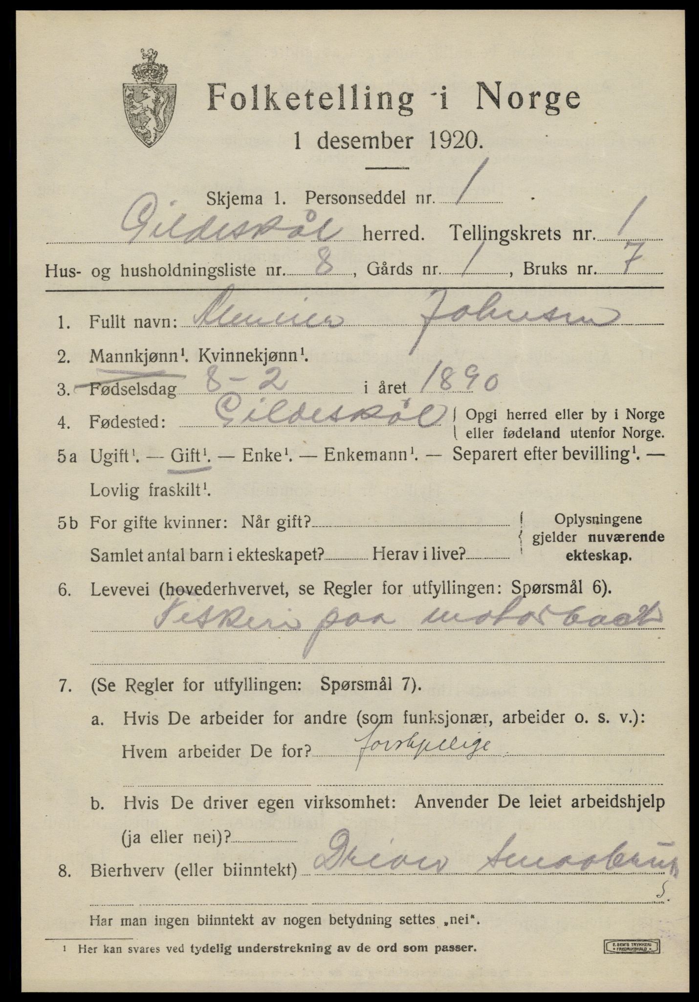 SAT, Folketelling 1920 for 1838 Gildeskål herred, 1920, s. 1696