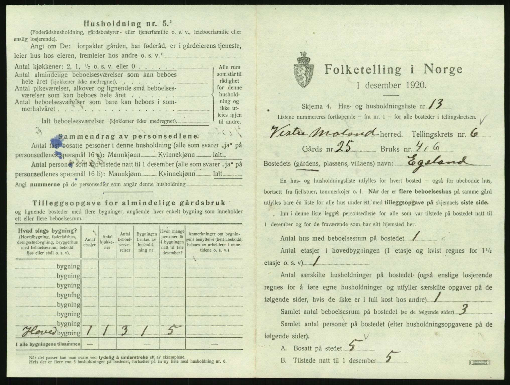 SAK, Folketelling 1920 for 0926 Vestre Moland herred, 1920, s. 843