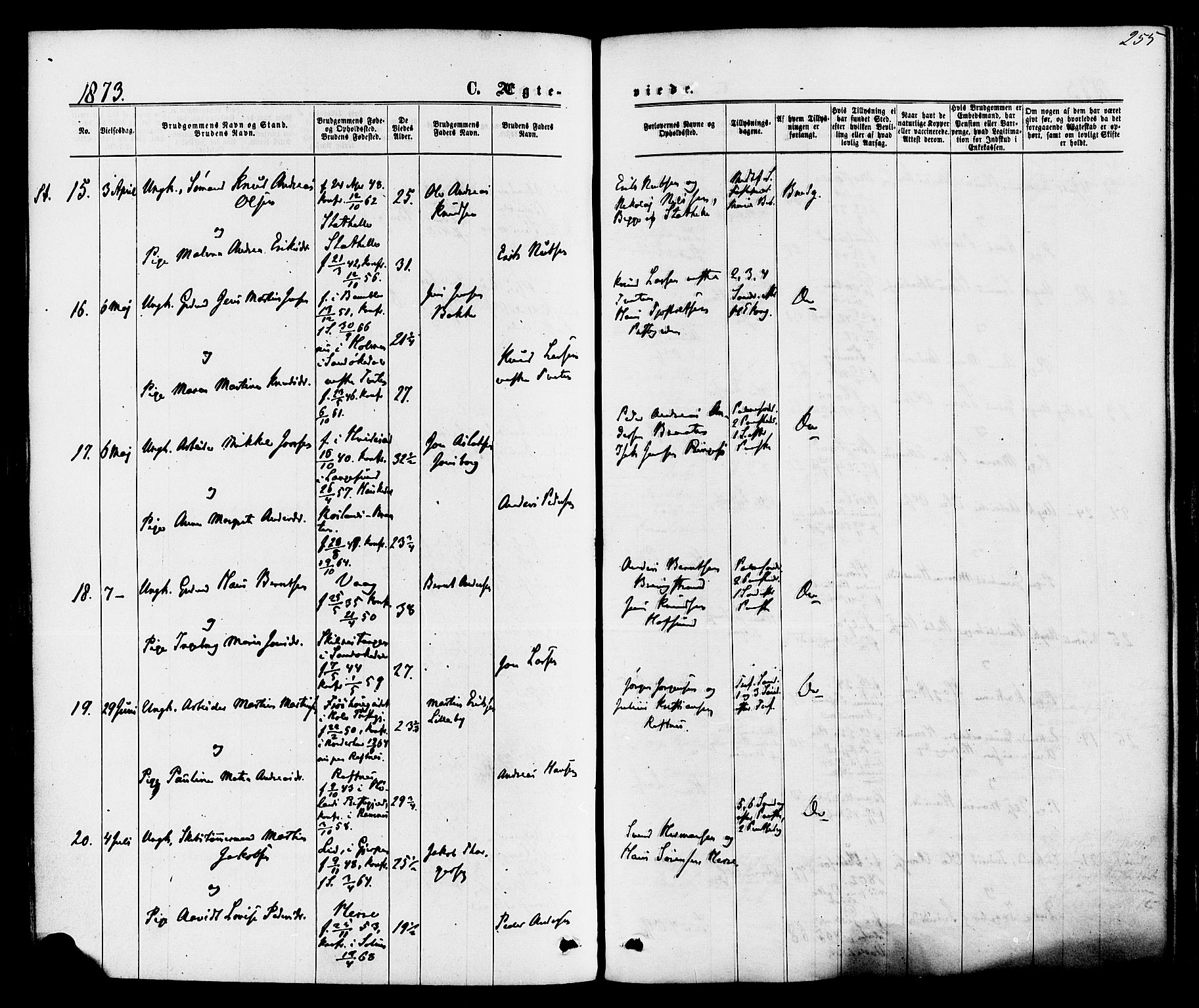 Bamble kirkebøker, AV/SAKO-A-253/F/Fa/L0006: Ministerialbok nr. I 6, 1869-1877, s. 255