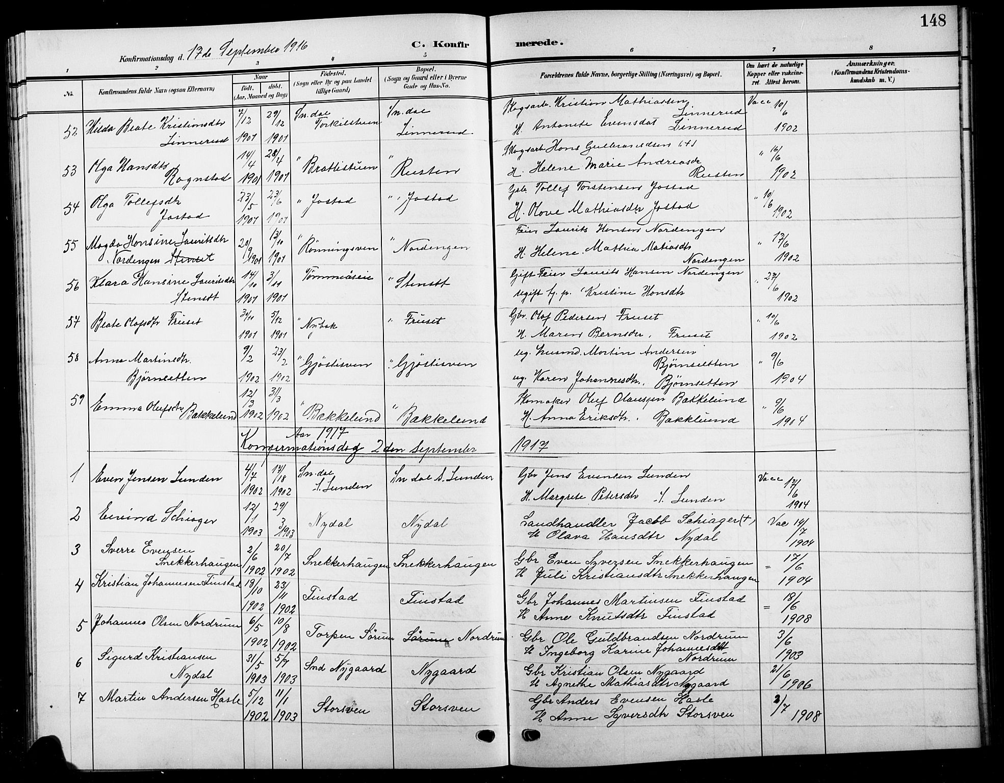Biri prestekontor, AV/SAH-PREST-096/H/Ha/Hab/L0005: Klokkerbok nr. 5, 1906-1919, s. 148