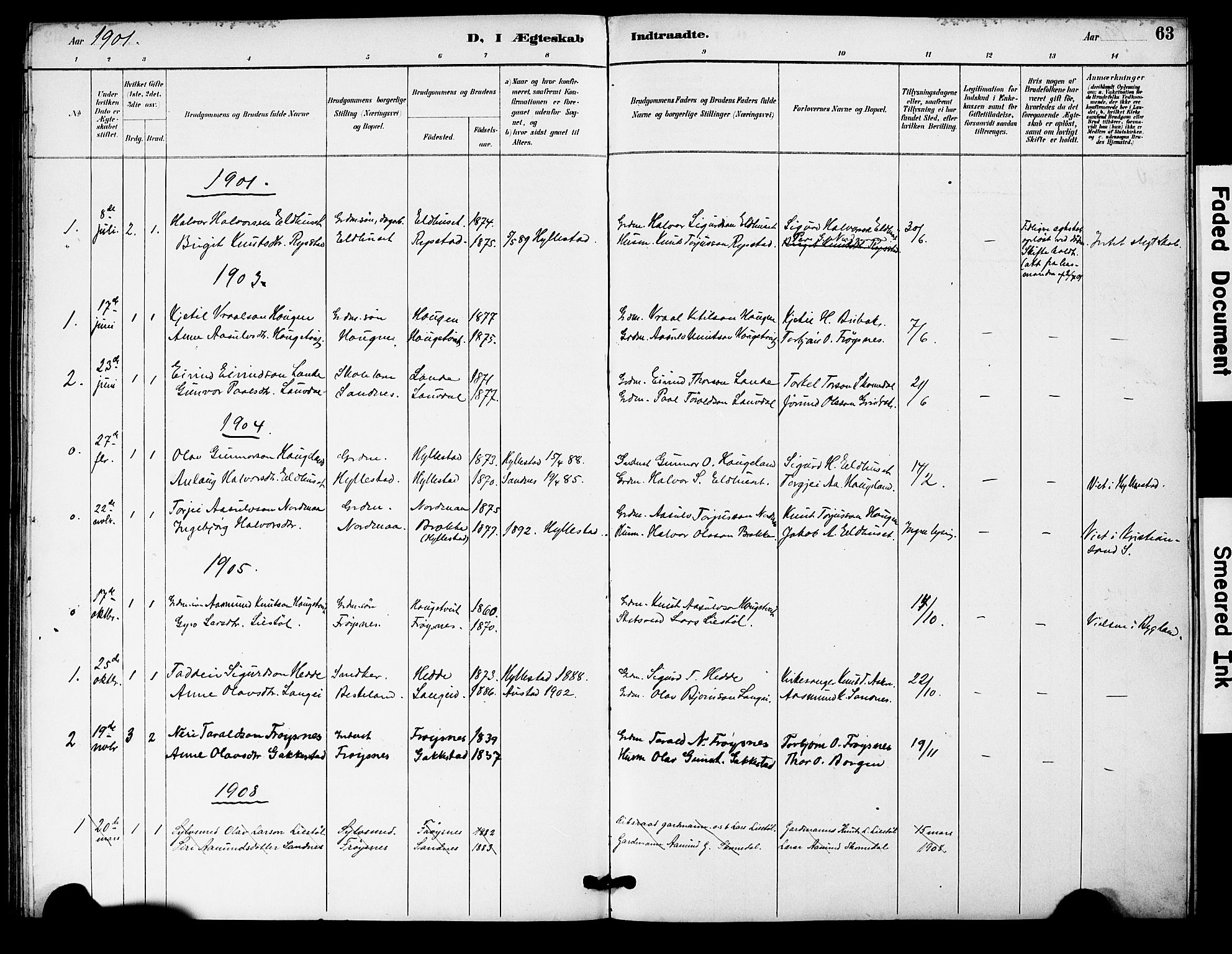 Bygland sokneprestkontor, AV/SAK-1111-0006/F/Fa/Fac/L0001: Ministerialbok nr. A 1, 1885-1909, s. 63