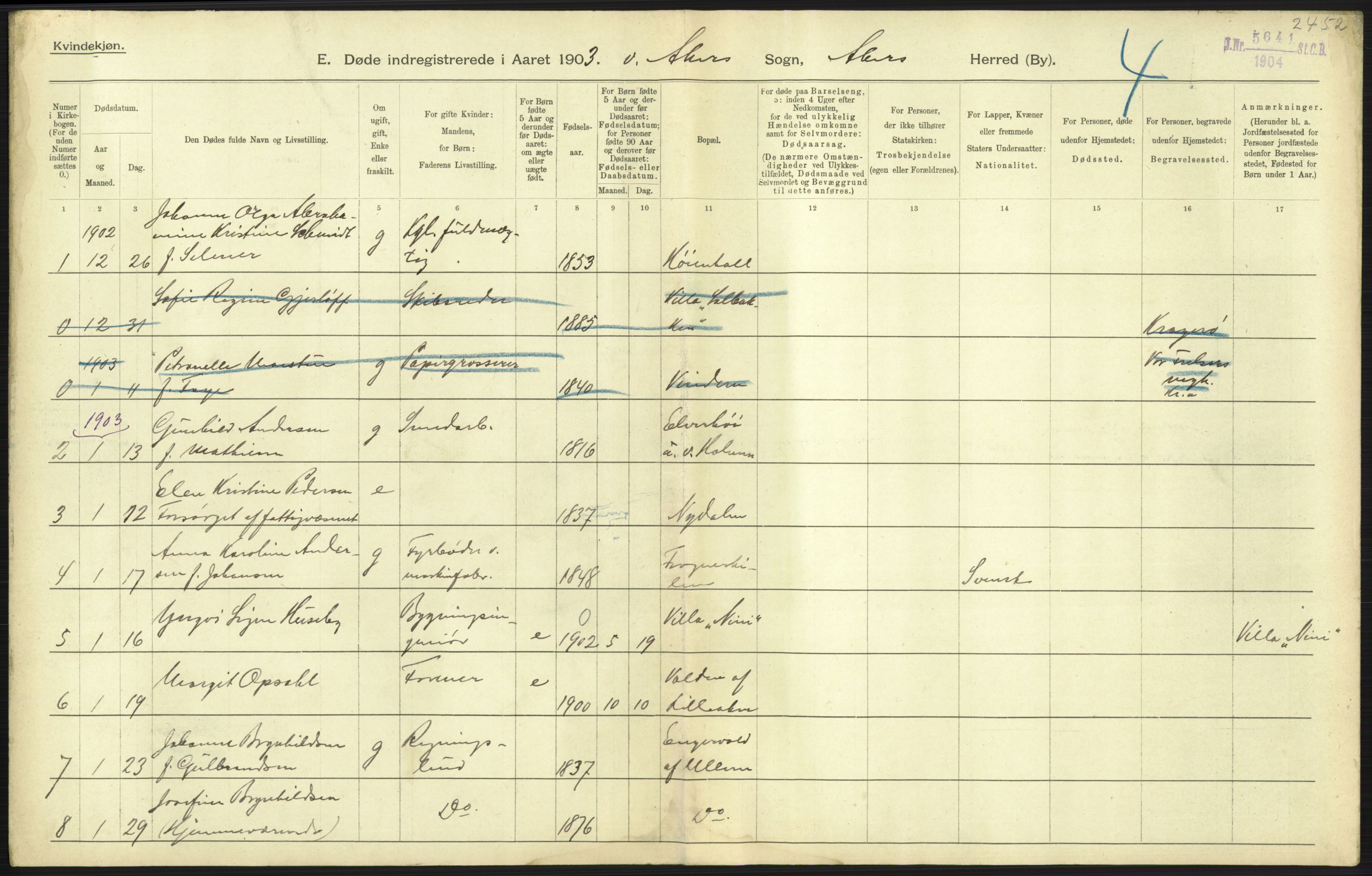 Statistisk sentralbyrå, Sosiodemografiske emner, Befolkning, AV/RA-S-2228/D/Df/Dfa/Dfaa/L0002: Akershus amt: Fødte, gifte, døde, 1903, s. 555