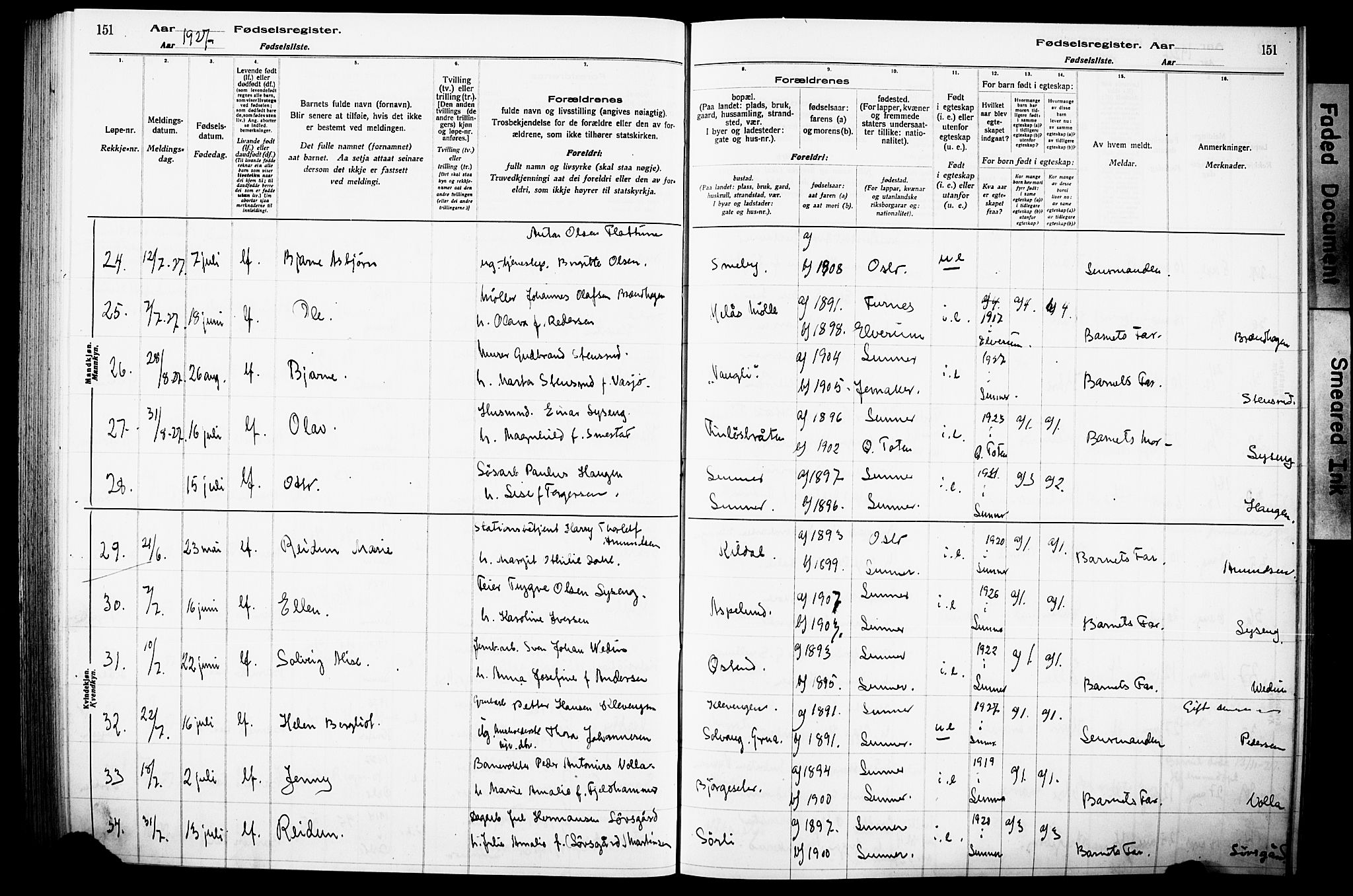 Lunner prestekontor, AV/SAH-PREST-118/I/Id/L0001: Fødselsregister nr. 1, 1916-1932, s. 151