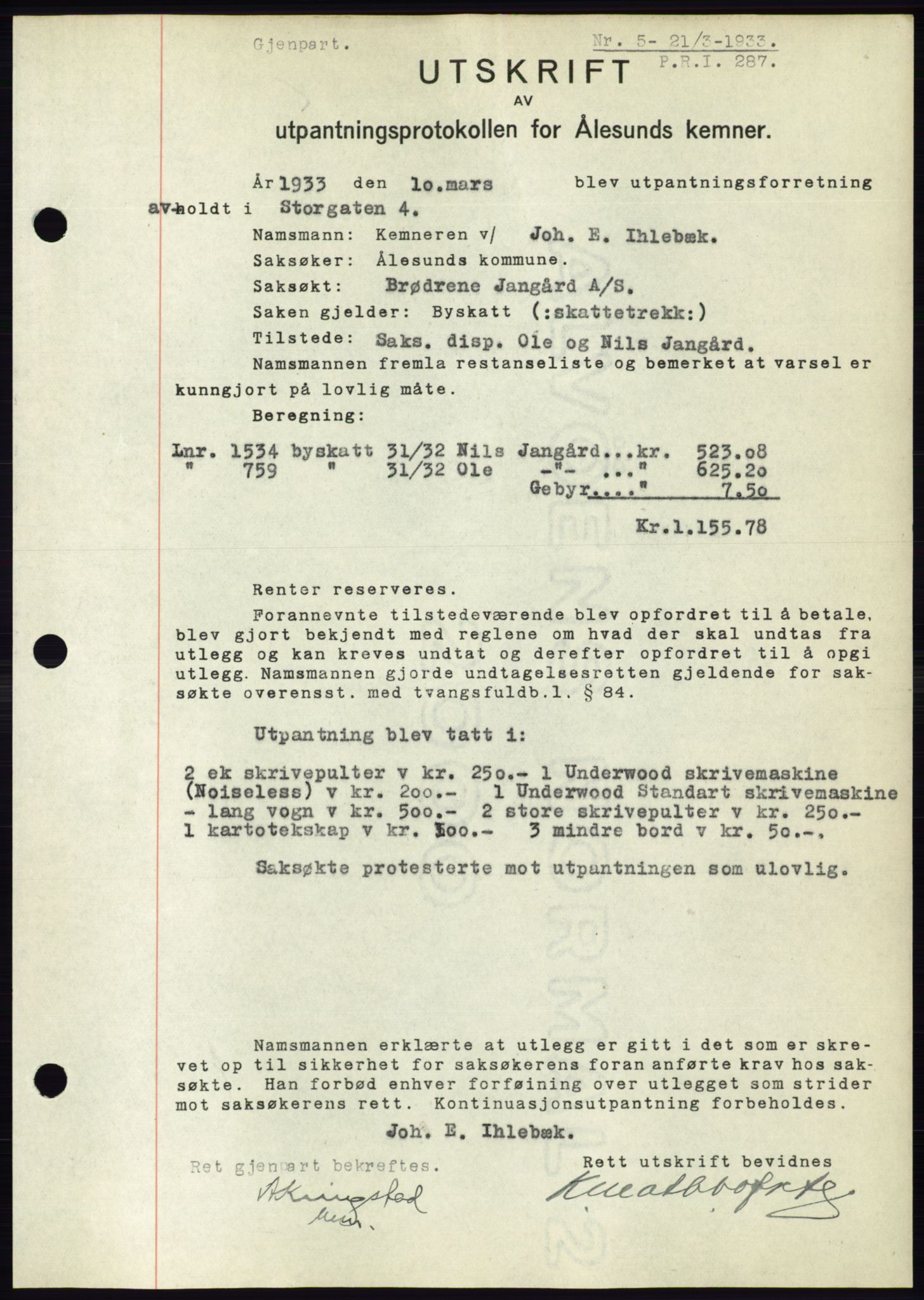 Ålesund byfogd, AV/SAT-A-4384: Pantebok nr. 30, 1932-1933, Tingl.dato: 21.03.1933