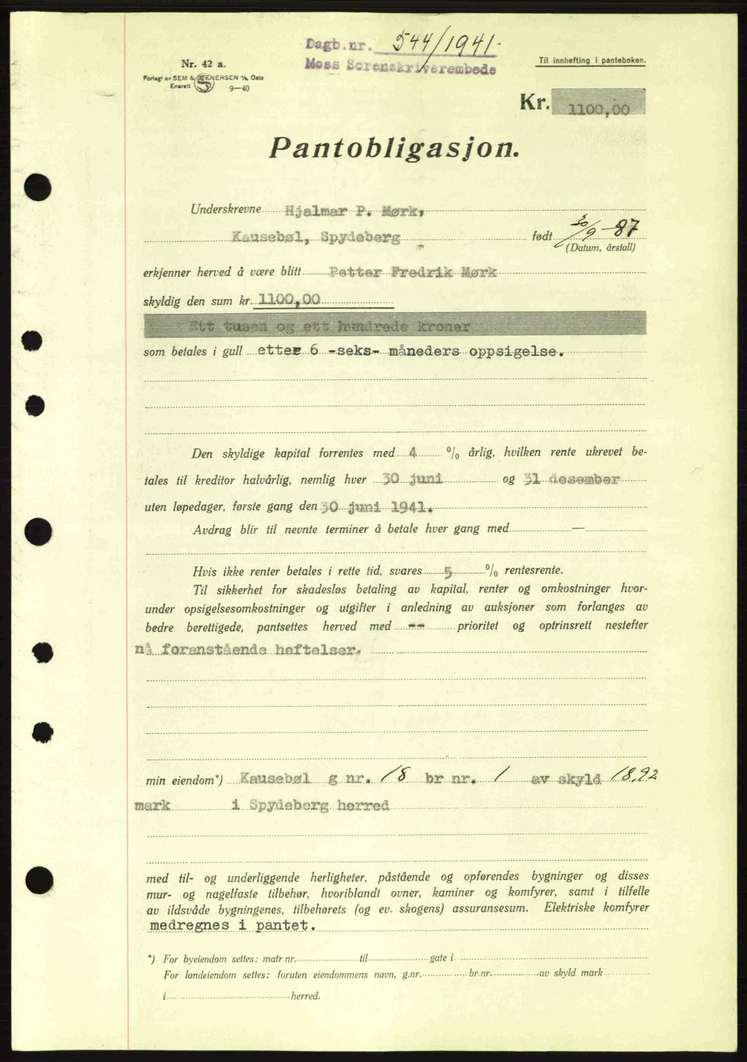Moss sorenskriveri, SAO/A-10168: Pantebok nr. B10, 1940-1941, Dagboknr: 544/1941