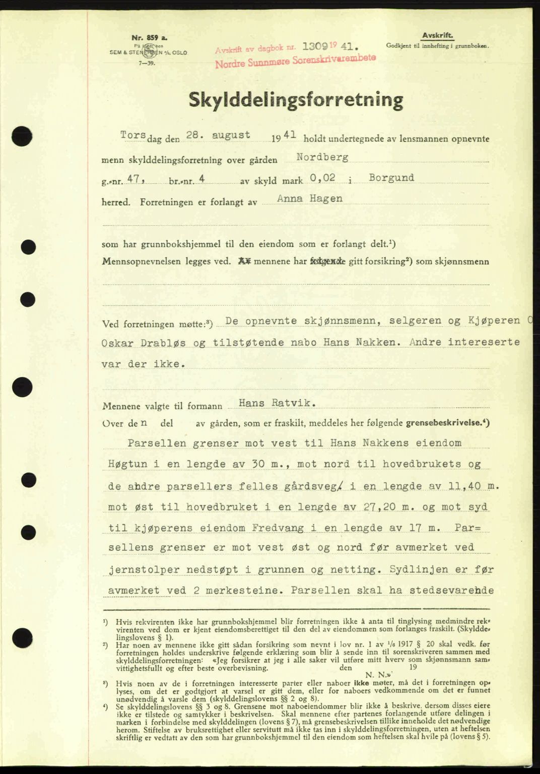 Nordre Sunnmøre sorenskriveri, SAT/A-0006/1/2/2C/2Ca: Pantebok nr. A11, 1941-1941, Dagboknr: 1309/1941