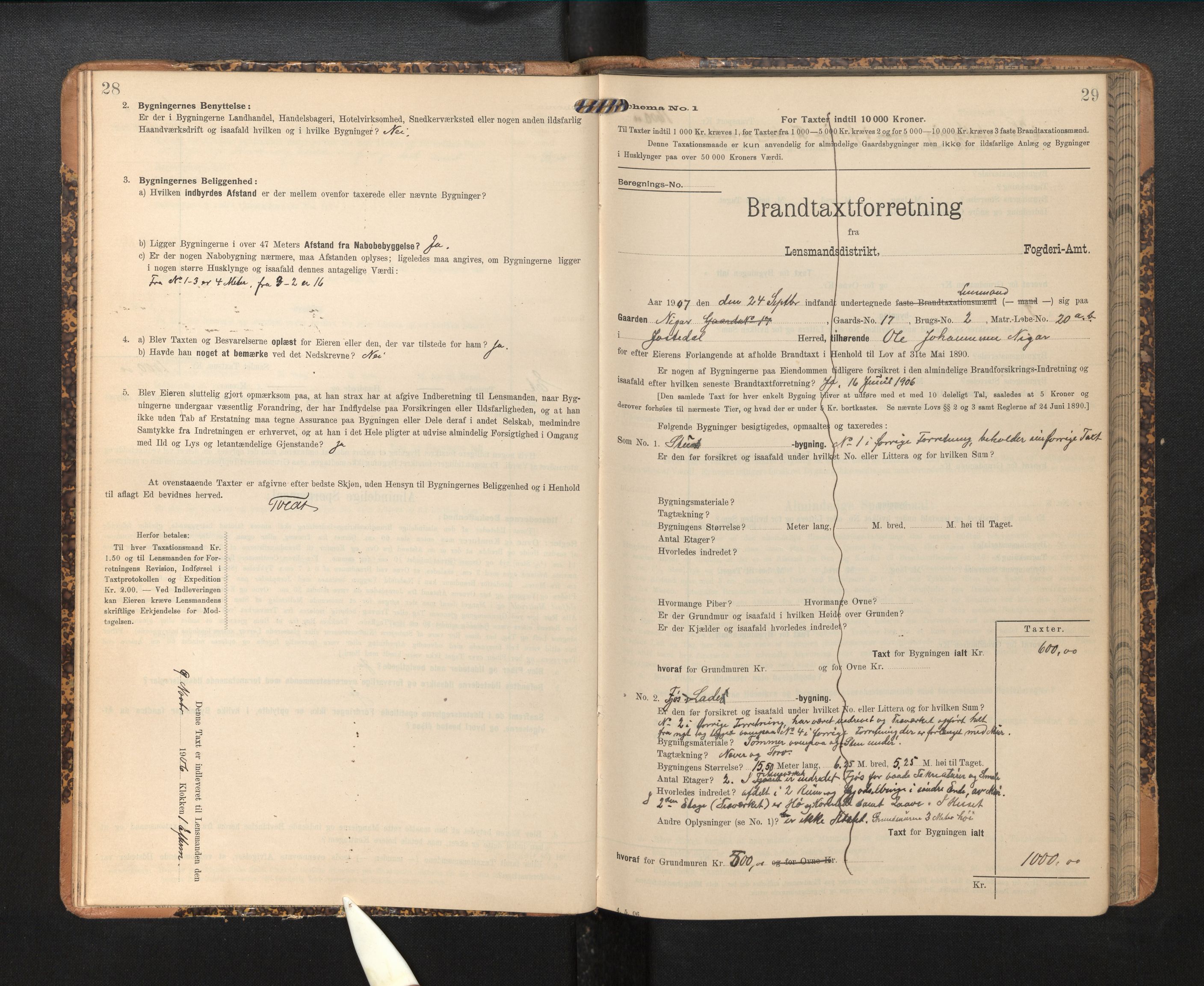 Lensmannen i Jostedal, SAB/A-28601/0012/L0004: Branntakstprotokoll, skjematakst, 1906-1919, s. 28-29
