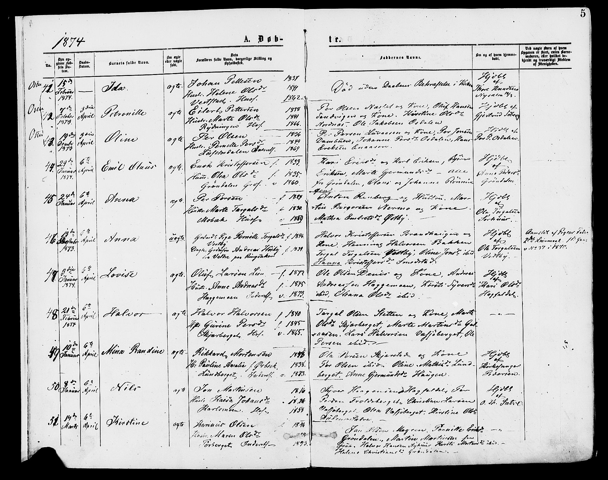 Trysil prestekontor, AV/SAH-PREST-046/H/Ha/Haa/L0007: Ministerialbok nr. 7, 1874-1880, s. 5