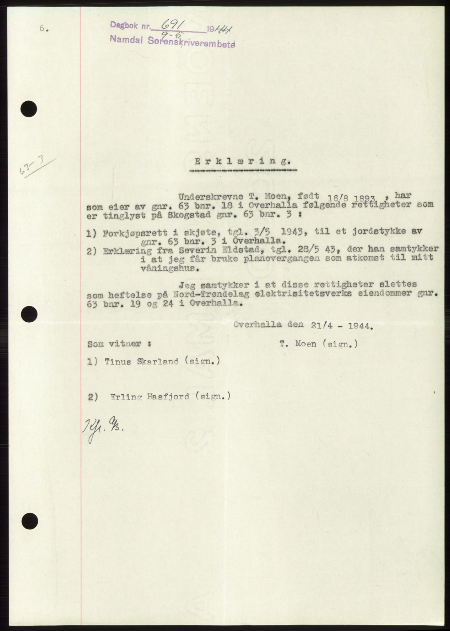 Namdal sorenskriveri, SAT/A-4133/1/2/2C: Pantebok nr. -, 1944-1945, Dagboknr: 691/1944