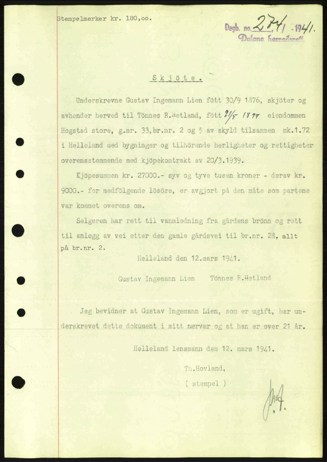 Dalane sorenskriveri, SAST/A-100309/02/G/Gb/L0044: Pantebok nr. A5, 1940-1941, Dagboknr: 274/1941