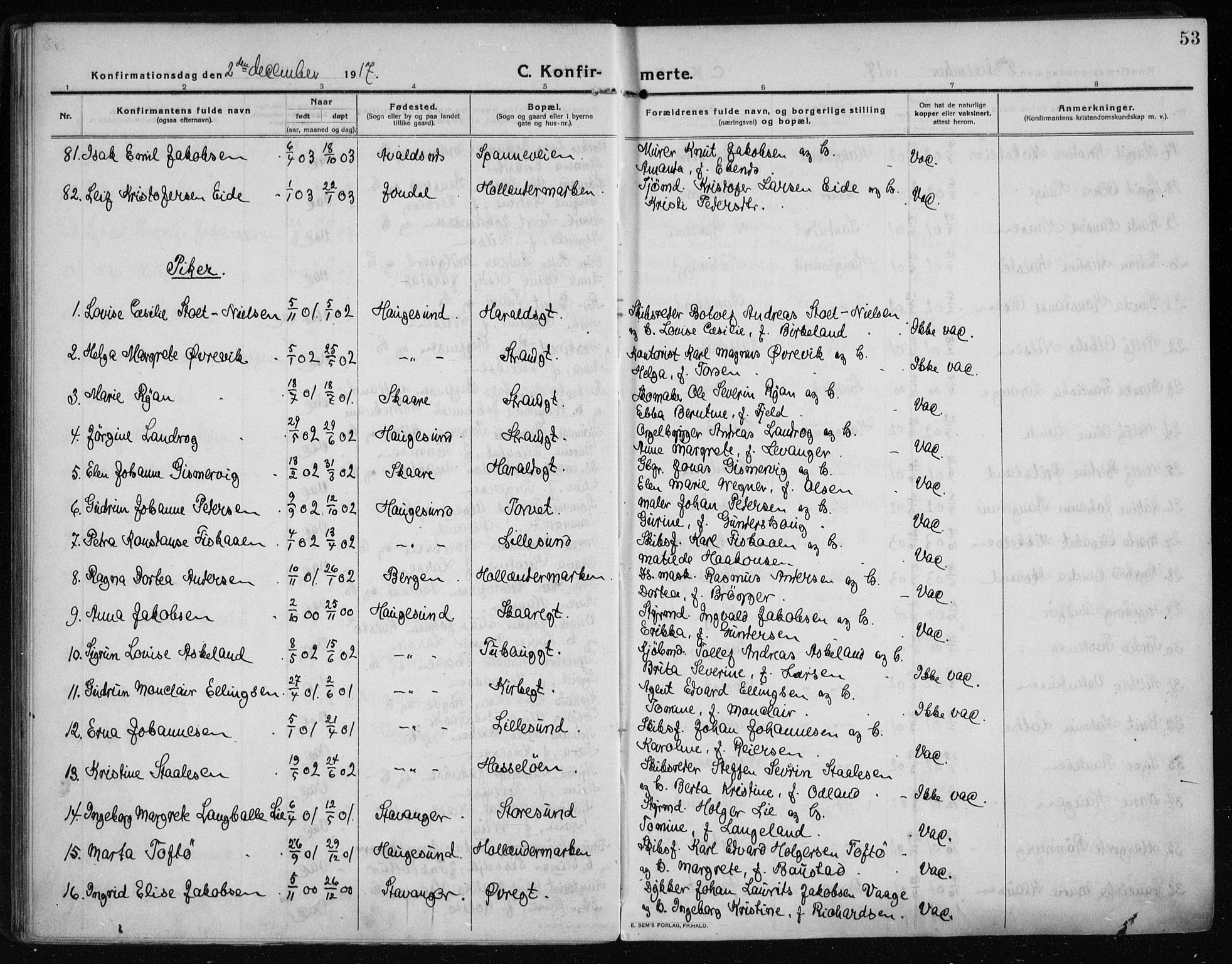 Haugesund sokneprestkontor, AV/SAST-A -101863/H/Ha/Haa/L0009: Ministerialbok nr. A 9, 1914-1929, s. 53