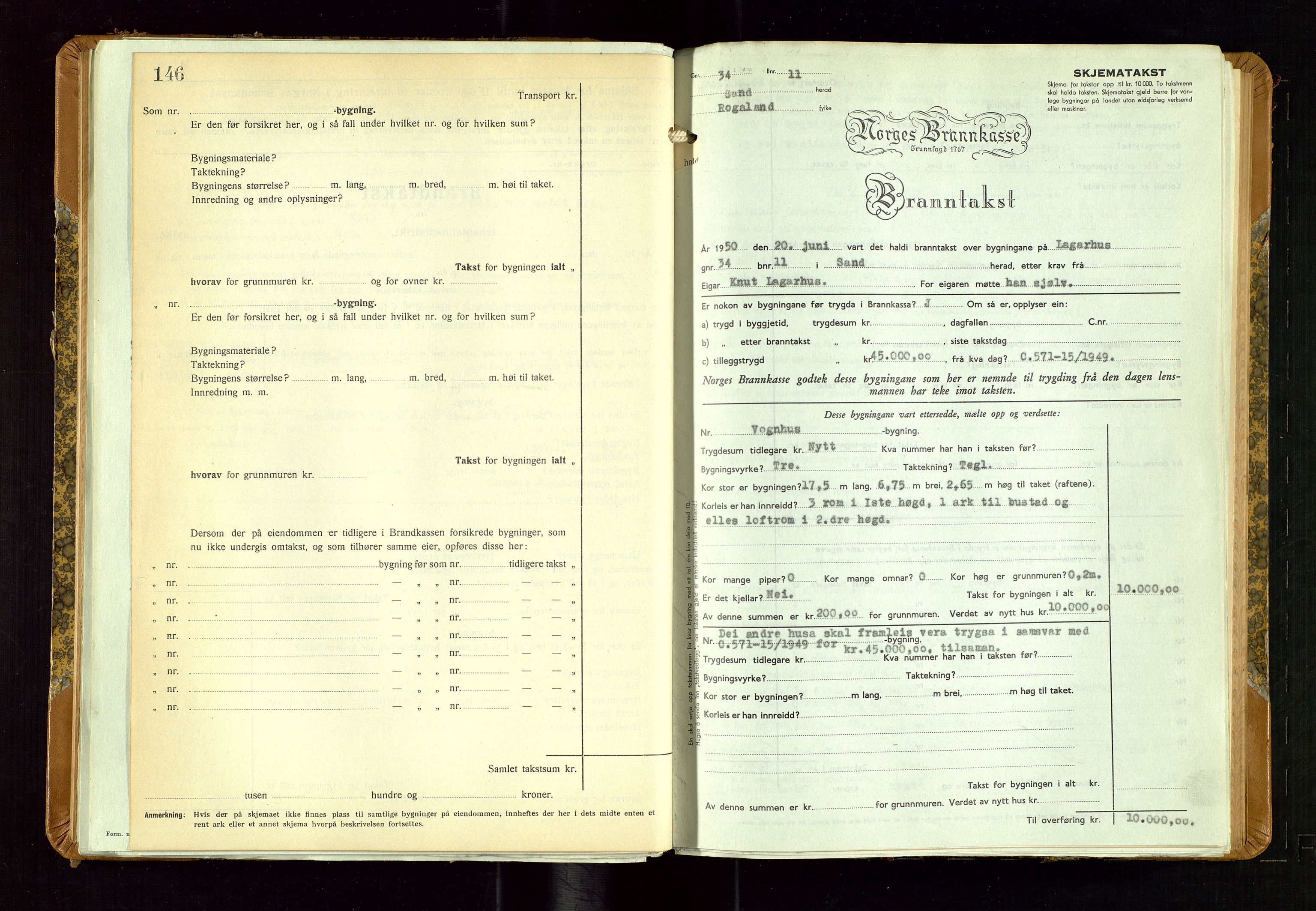 Sand lensmannskontor, SAST/A-100415/Goc/L0002: "Brandtaxationsprotokol", 1936-1952, s. 146-147