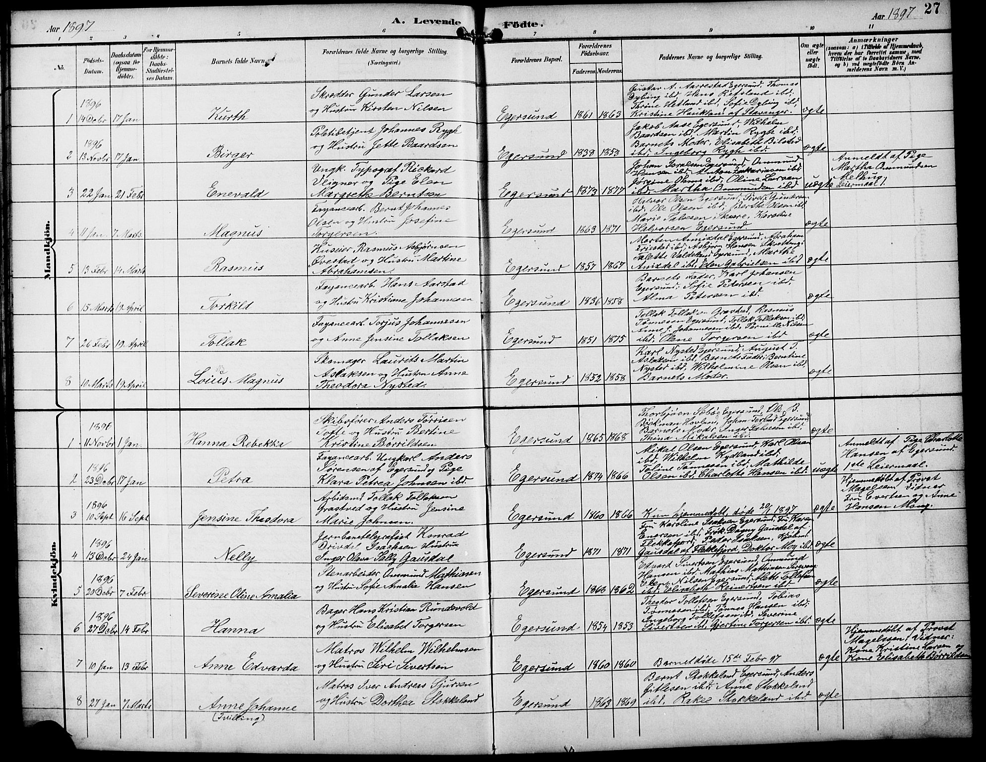 Eigersund sokneprestkontor, AV/SAST-A-101807/S09/L0010: Klokkerbok nr. B 10, 1893-1907, s. 27