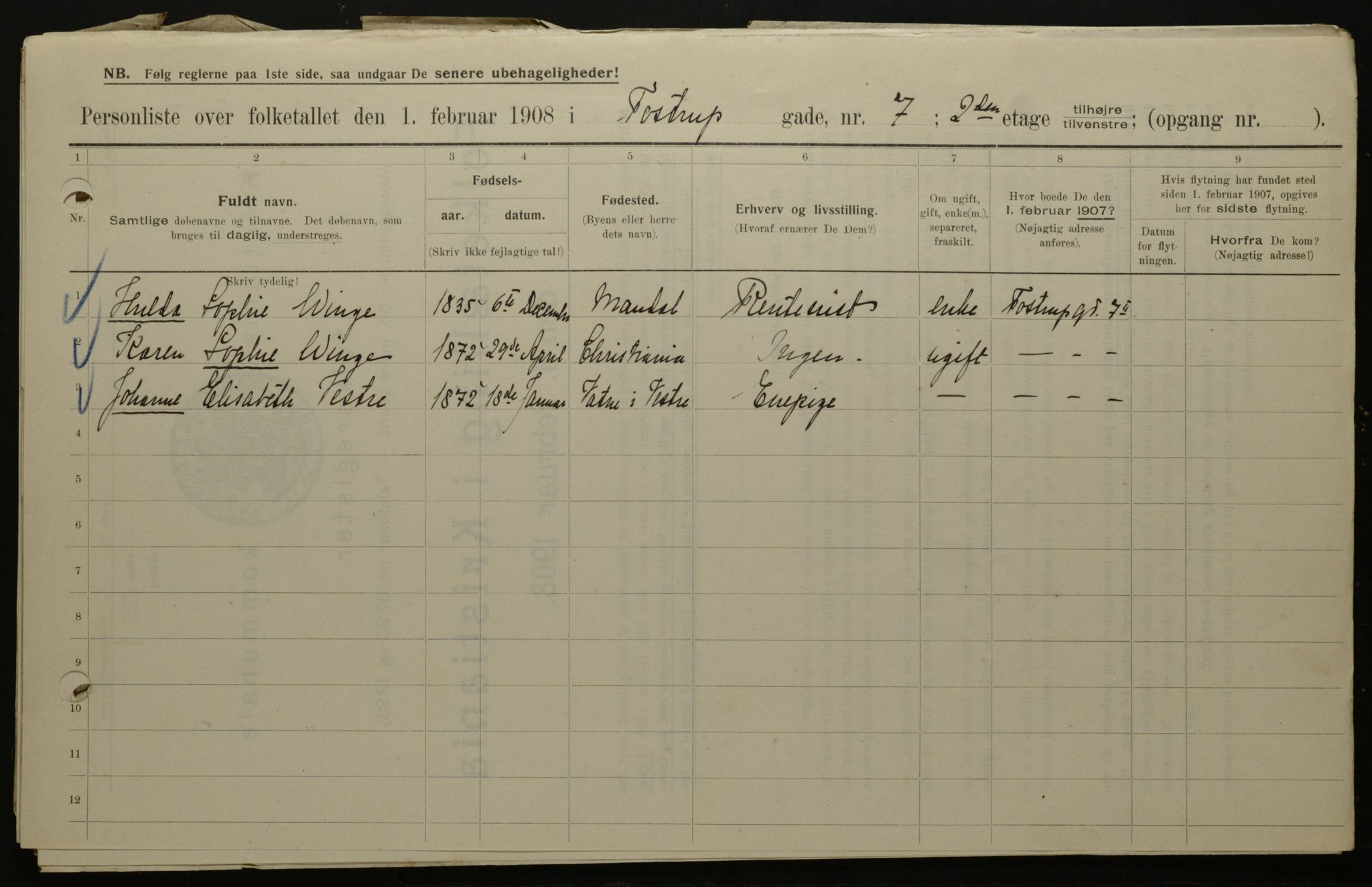 OBA, Kommunal folketelling 1.2.1908 for Kristiania kjøpstad, 1908, s. 103671