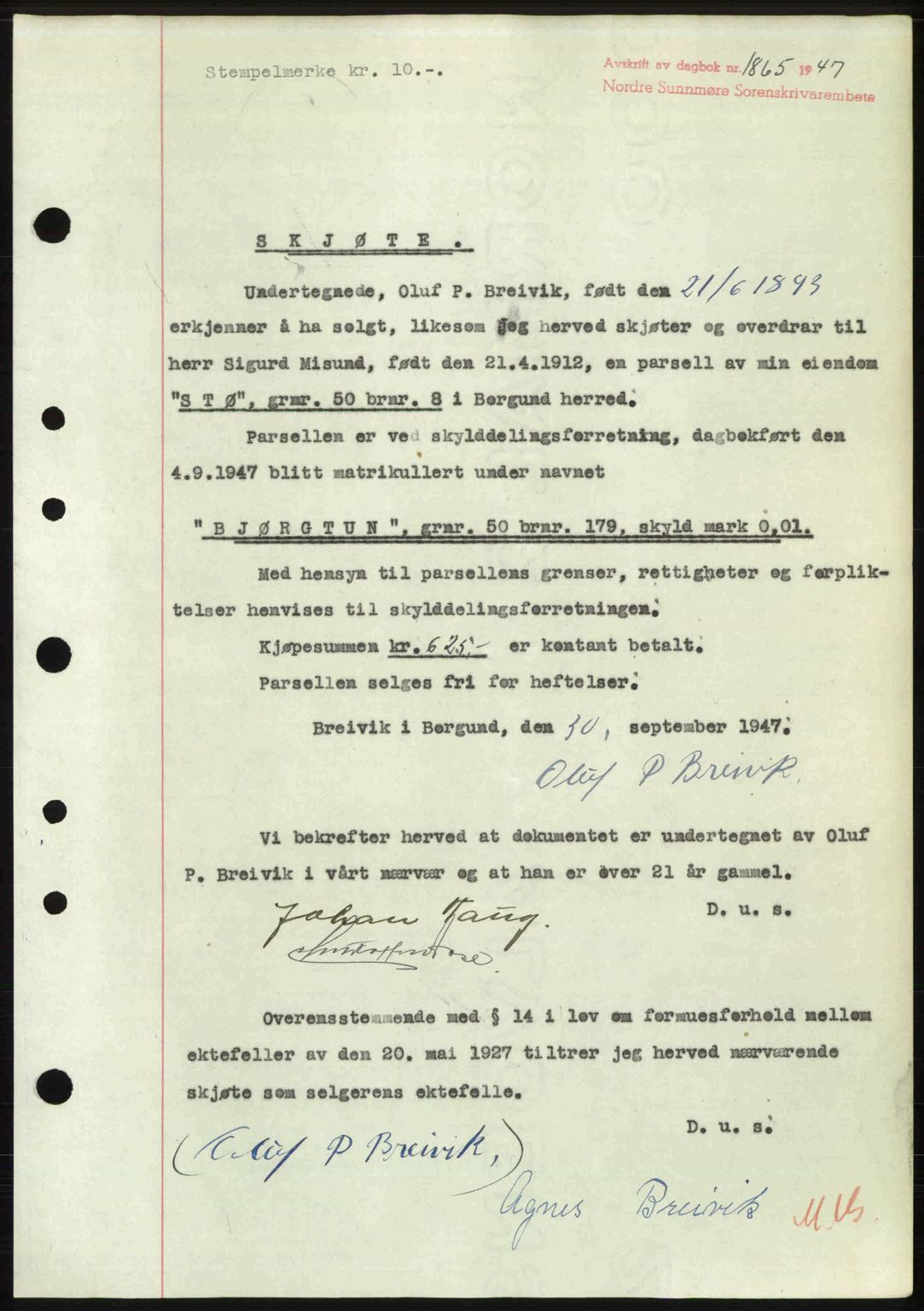 Nordre Sunnmøre sorenskriveri, AV/SAT-A-0006/1/2/2C/2Ca: Pantebok nr. A25, 1947-1947, Dagboknr: 1865/1947