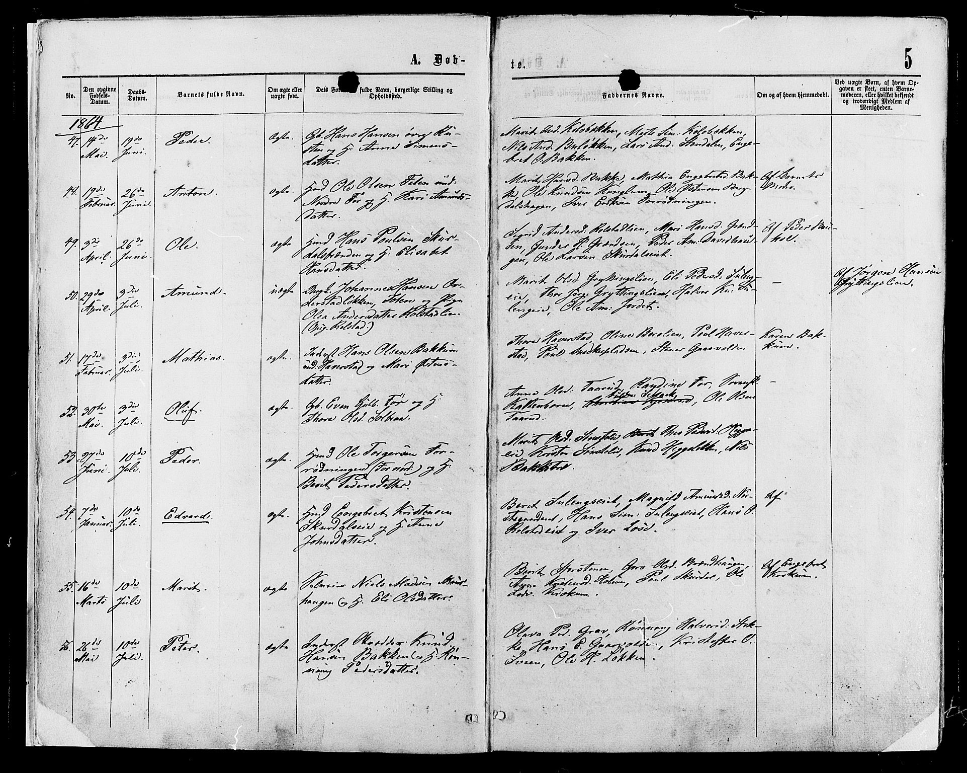 Sør-Fron prestekontor, AV/SAH-PREST-010/H/Ha/Haa/L0002: Ministerialbok nr. 2, 1864-1880, s. 5