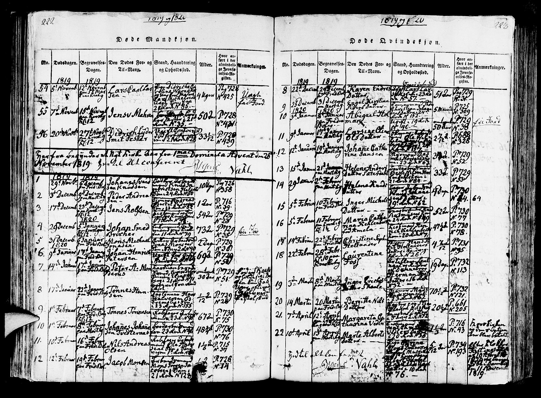 Korskirken sokneprestembete, SAB/A-76101/H/Hab: Klokkerbok nr. A 1b, 1815-1821, s. 222-223