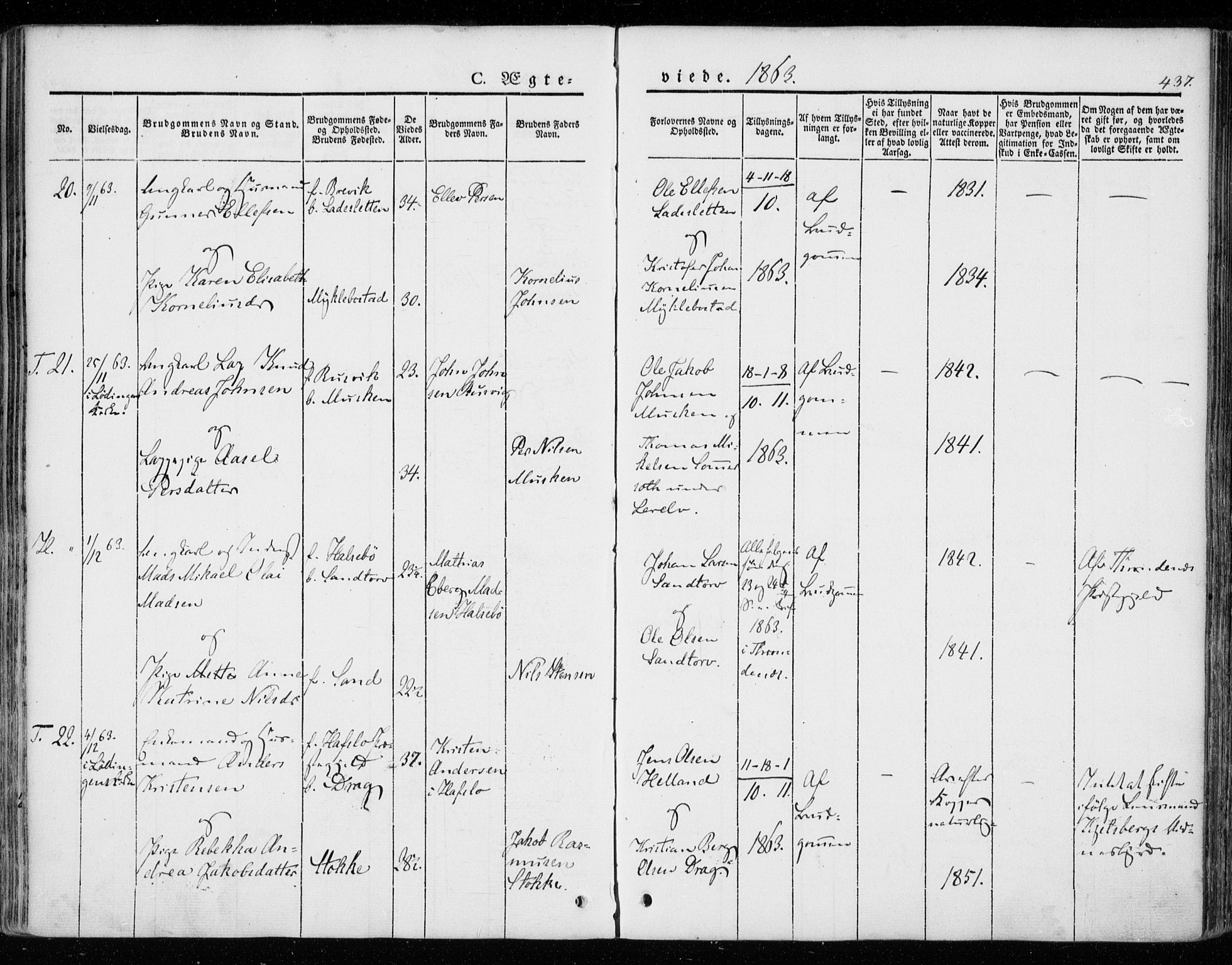 Ministerialprotokoller, klokkerbøker og fødselsregistre - Nordland, AV/SAT-A-1459/872/L1033: Ministerialbok nr. 872A08, 1840-1863, s. 437